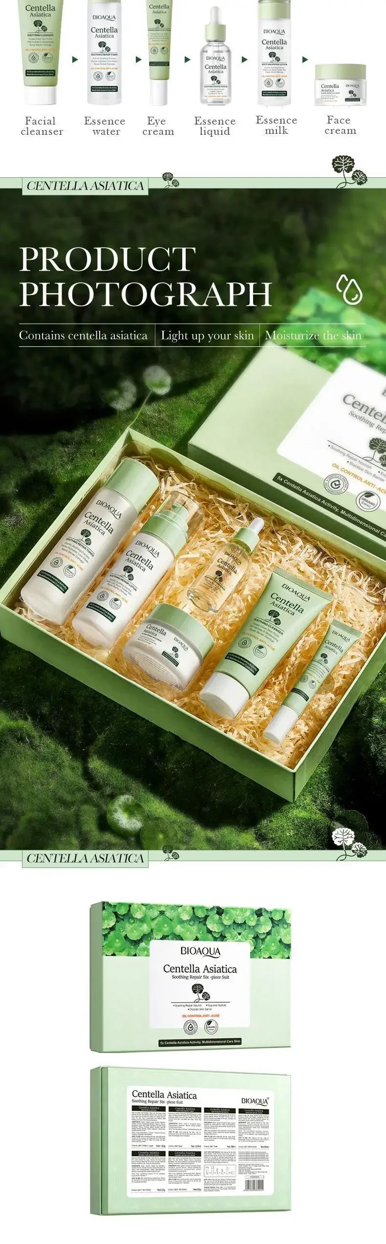6pcs BIOAQUA Centella Skin Care Sets Moisturizing Firming Face Cream Facial Cleanser Serum Toner Skin Care Set Products