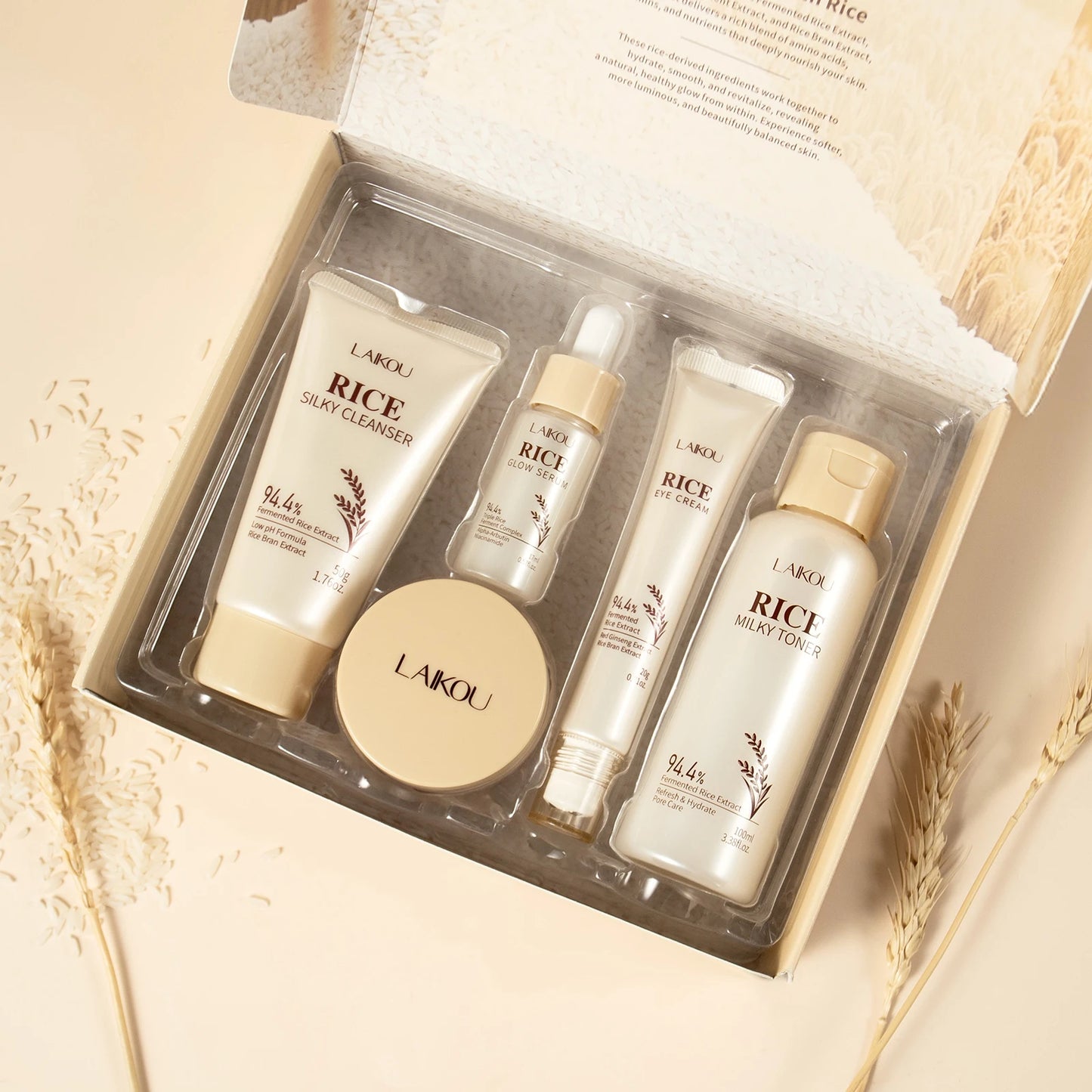 Moisturizing & Anti-Oxidation! LAIKOU Rice 5-Piece Skincare Set (50g Cleanser+100ml Toner+17ml Serum+20g Eye Cream+30g Cream)