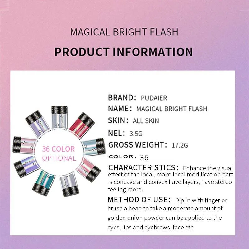 Pudaier Glitter Shimmer Powder Pigment Eyeshadow Highlighter Beauty Makeup Shiny Body Glow Festival Party Cosmetic