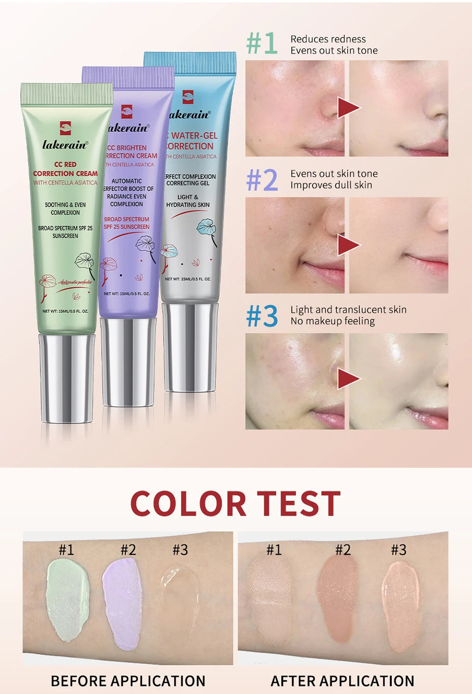 3pcs Korean CC Cream – Color Correcting, Moisturizing & High Coverage