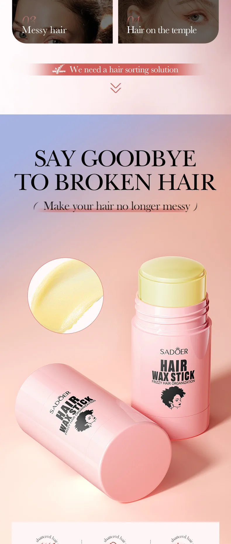 SADOER Hair Styling Wax Stick Edge Control Anti-Frizz Improve Frizzy Curly Troubles Smoothing Broken Solid Hair Gel Cream Liquid