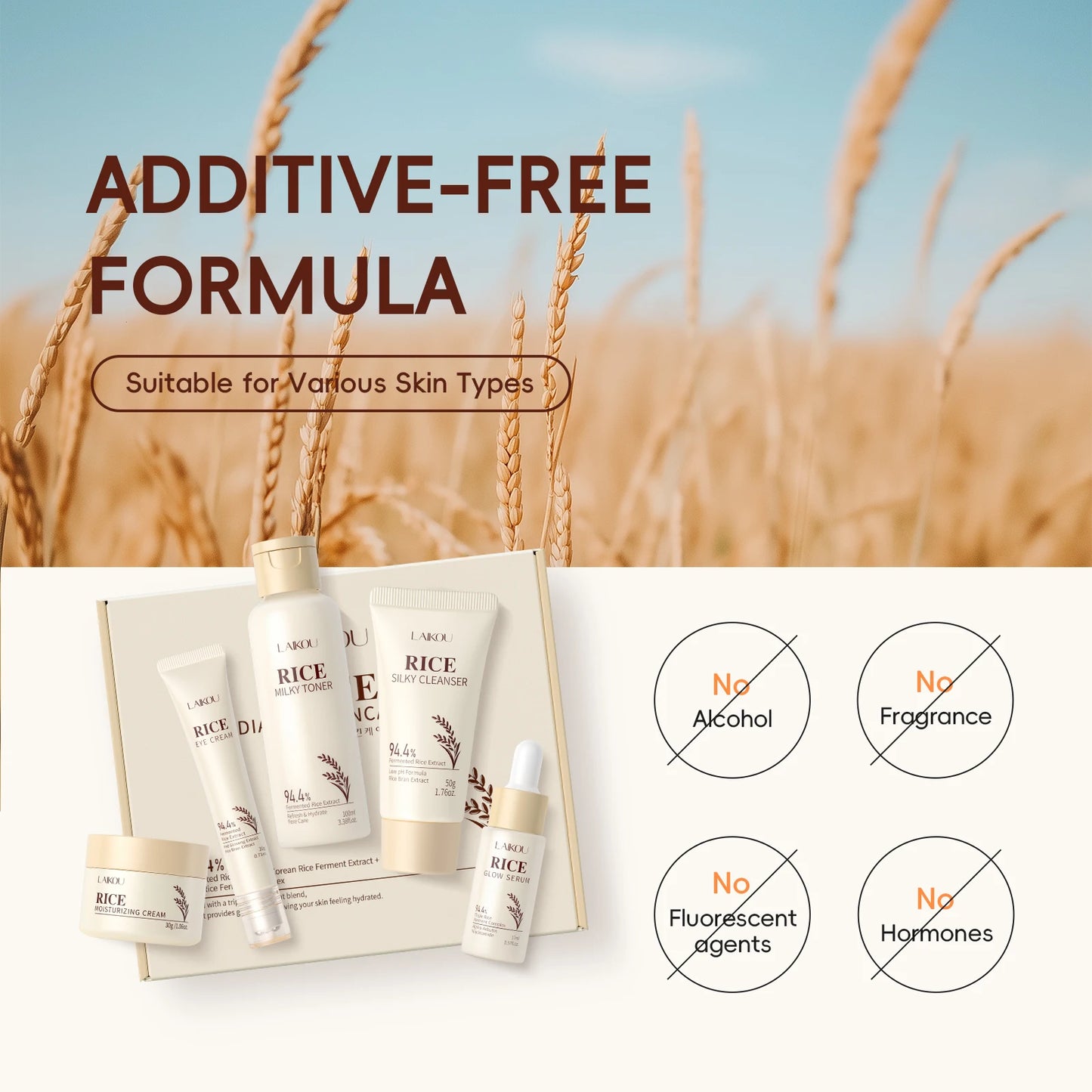 Moisturizing & Anti-Oxidation! LAIKOU Rice 5-Piece Skincare Set (50g Cleanser+100ml Toner+17ml Serum+20g Eye Cream+30g Cream)
