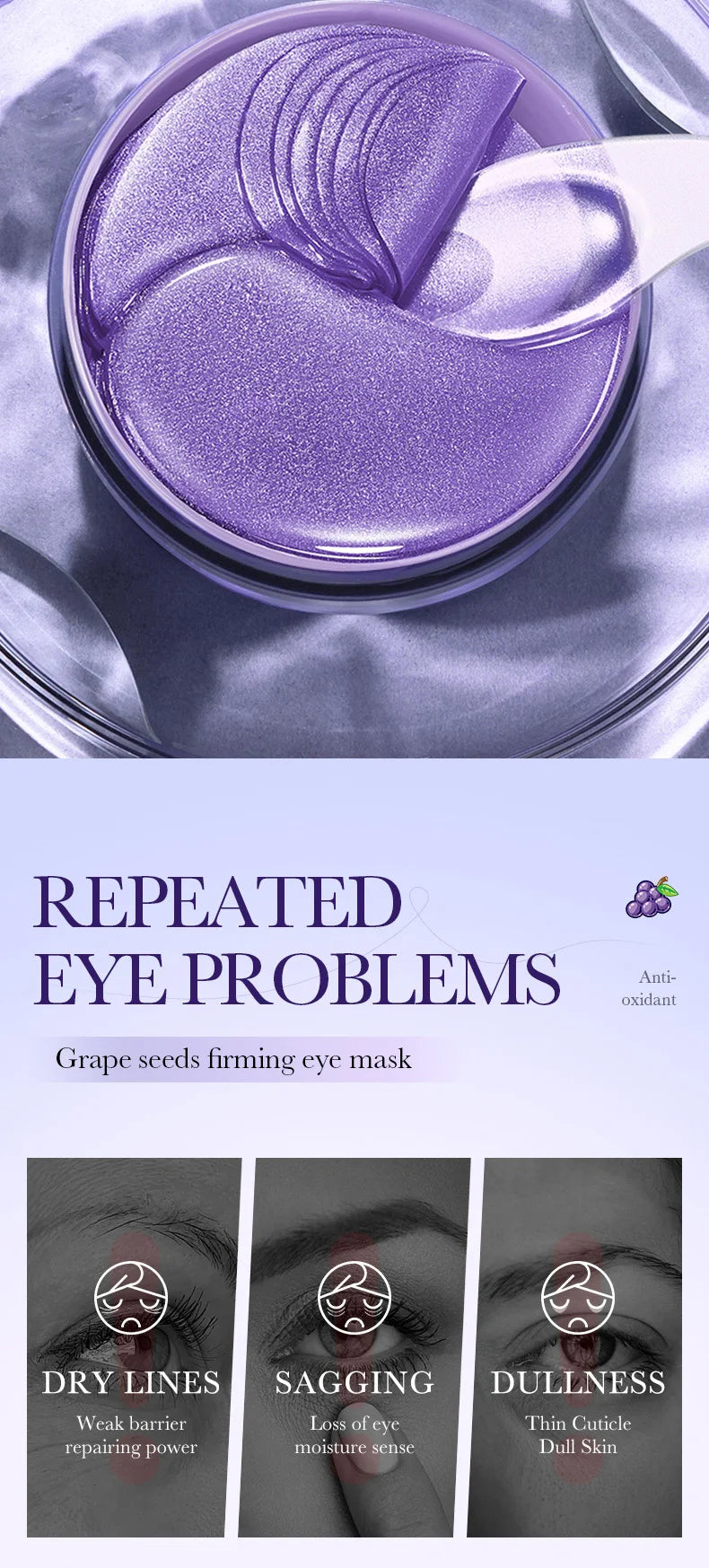 60pcs SADOER Grape Eye Mask Anti Dark Circles Removal Eyes Bags Moisturizing Firming Eye Patches Eyes Skin Care Products