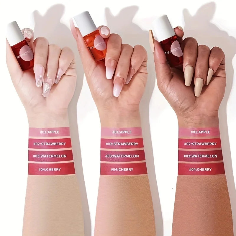 4 colour Fruity Lip Tint Water Gloss Tint, Moisturizing Waterproof Liquid Lipstick, Non-Stick, High Pigment, Long-Lasting Colors