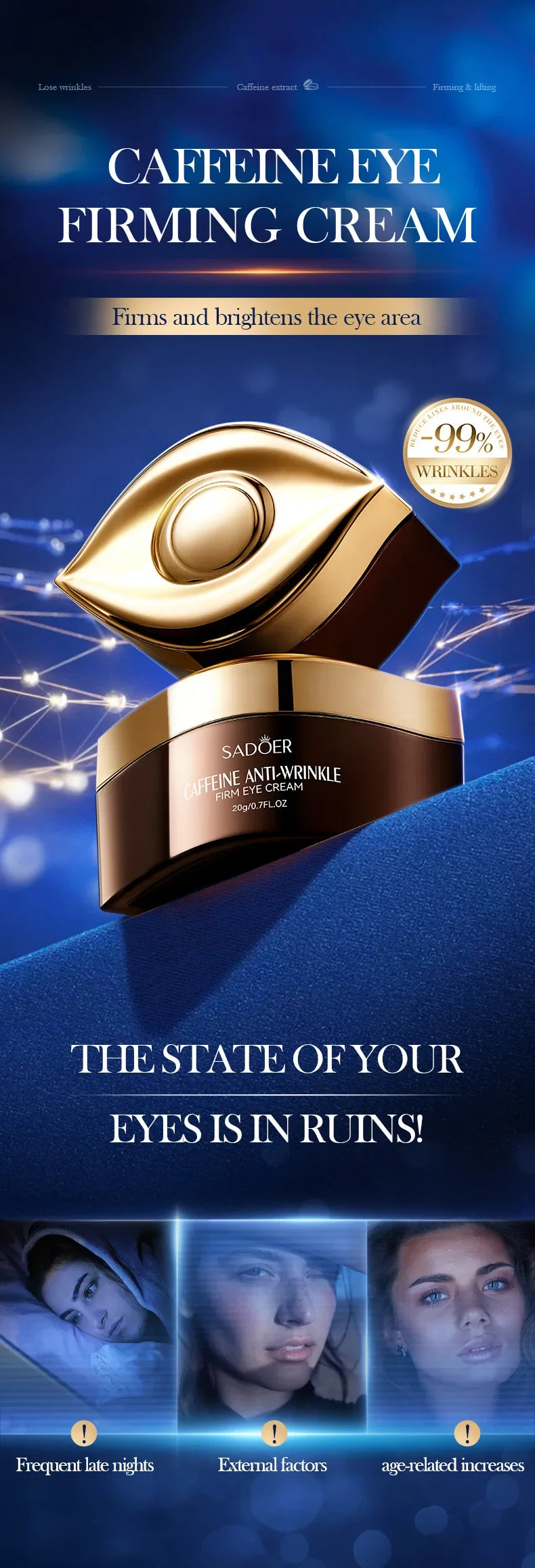 SADOER Caffeine Eye Cream Anti Dark Circles Eyes Bags Remover Firming Moisturizing Eye Creams Beauty Eyes Skin Care Products