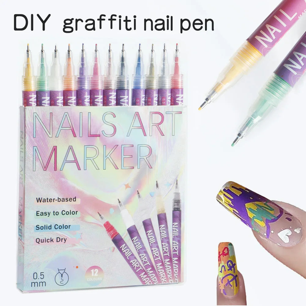 12 color Acrylic Nail Doodle Pen Paint Pen Nail Paint DIY Dot Stitching Pen Precision 3D Doodle Nail Art Pen Nail Art Pen