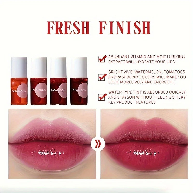 4 colour Fruity Lip Tint Water Gloss Tint, Moisturizing Waterproof Liquid Lipstick, Non-Stick, High Pigment, Long-Lasting Colors