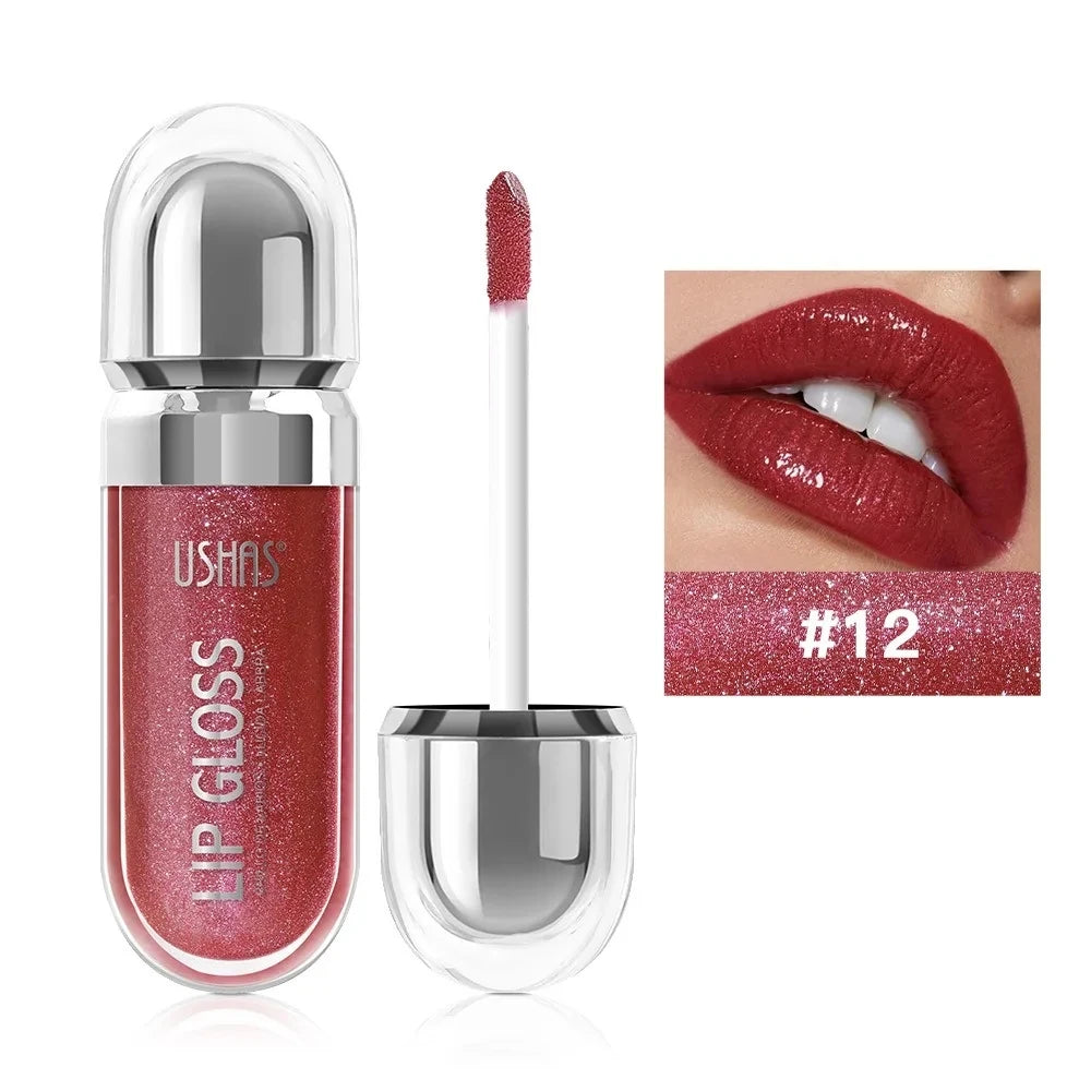 USHAS 12 Color Pearlescent Transparent Moisturizing Flash Liquid Lipstick Waterproof Sweatproof Non Stick Cup Lip Cosmetics Girl