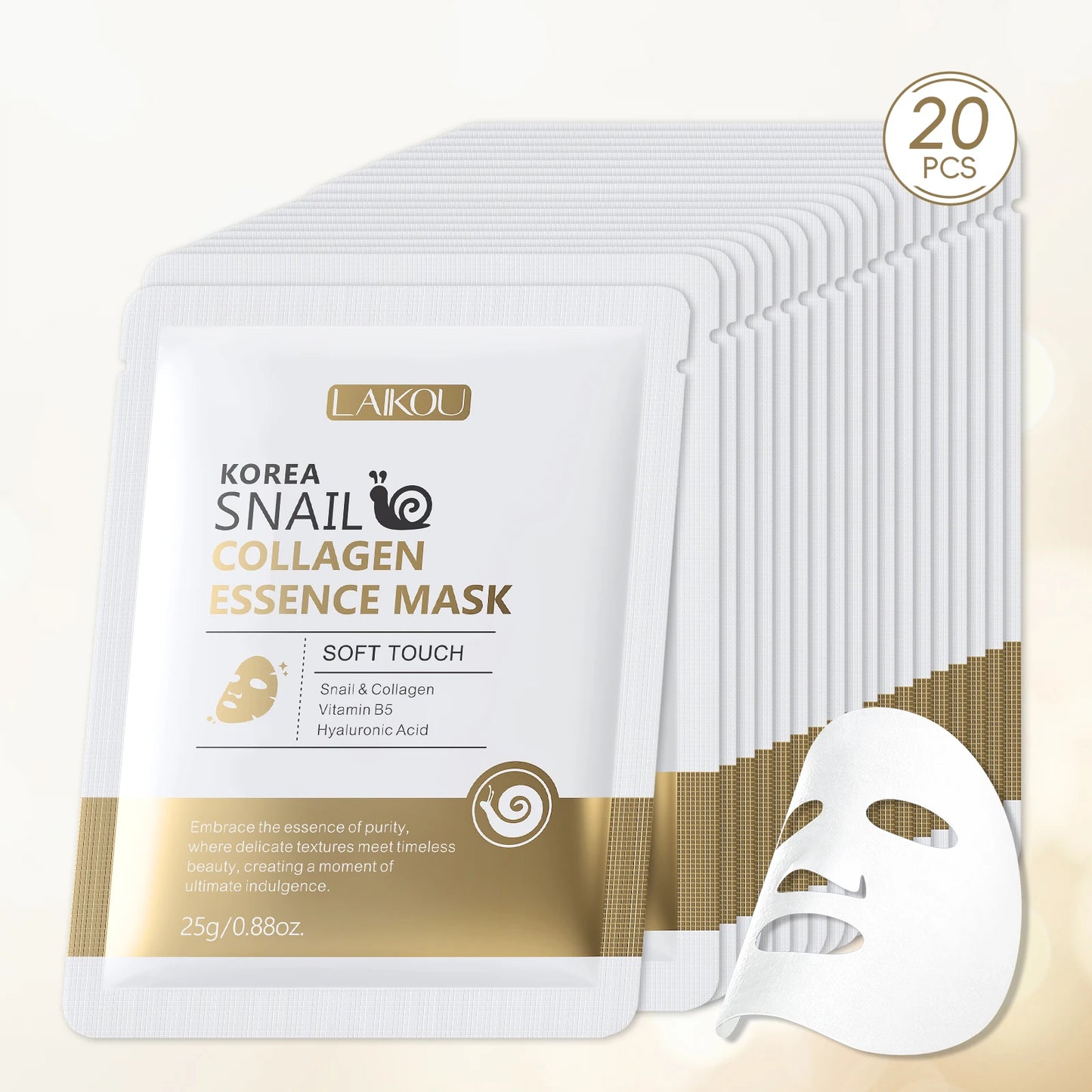 LAIKOU Korea Snail Collagen Essence Mask Hydrating Sheet Mask Anti-Wrinkle Face Mask Firming Skin Care 25g*20pcs
