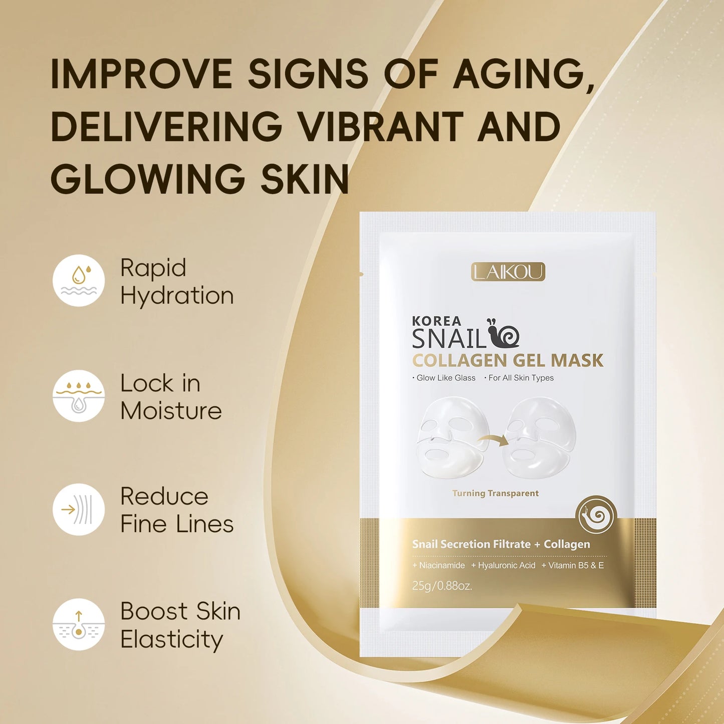 LAIKOU Korea Snail Collagen Essence Mask Hydrating Sheet Mask Anti-Wrinkle Face Mask Firming Skin Care 25g*20pcs