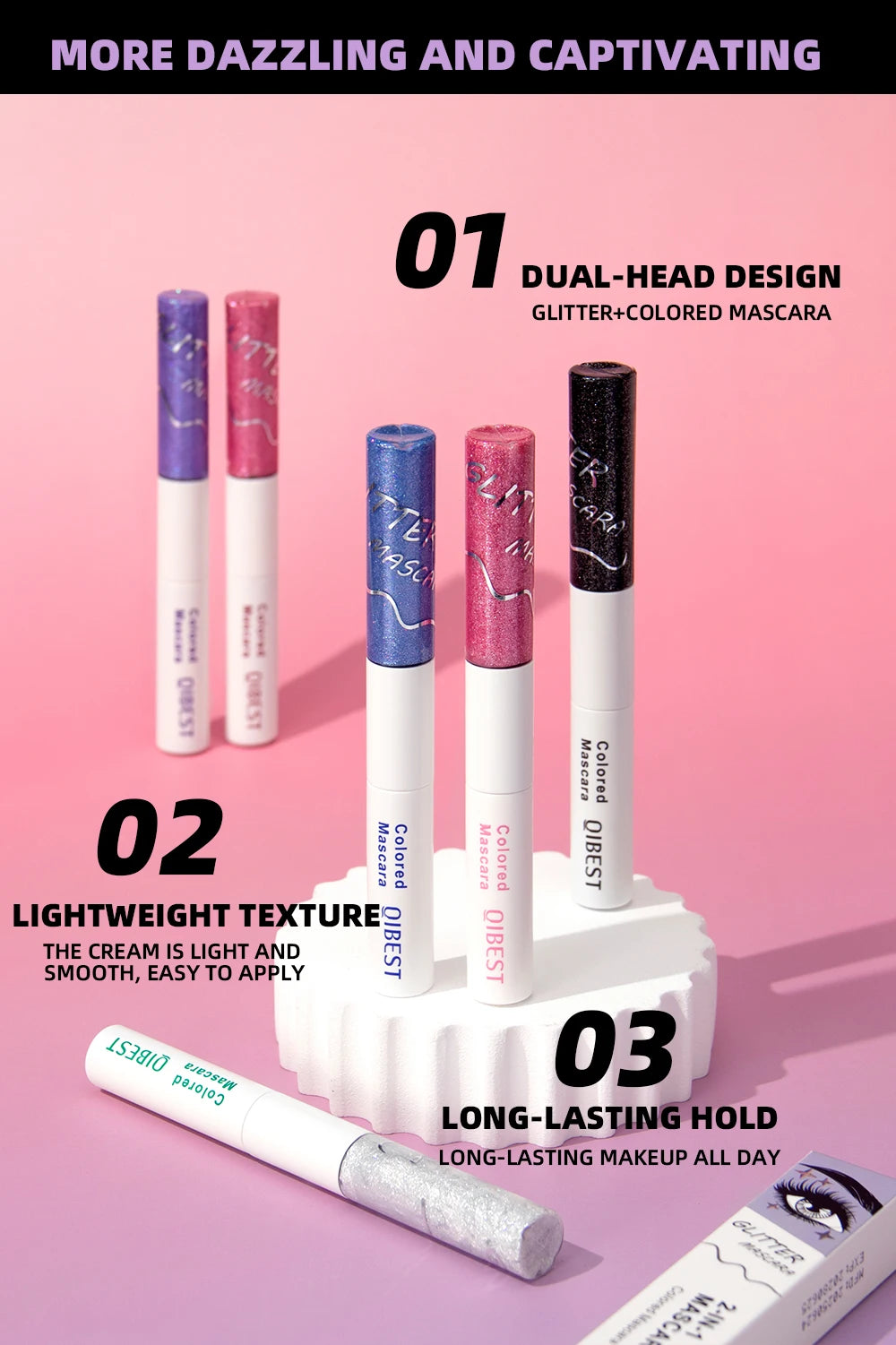 QIBEST 2 In 1 Diamond Glitter Mascara Lasting Colored Mascara Eyelashes Thickening Voluminous Double Ended Waterproof  Mascara