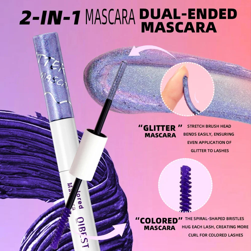QIBEST 2 In 1 Diamond Glitter Mascara Lasting Colored Mascara Eyelashes Thickening Voluminous Double Ended Waterproof  Mascara