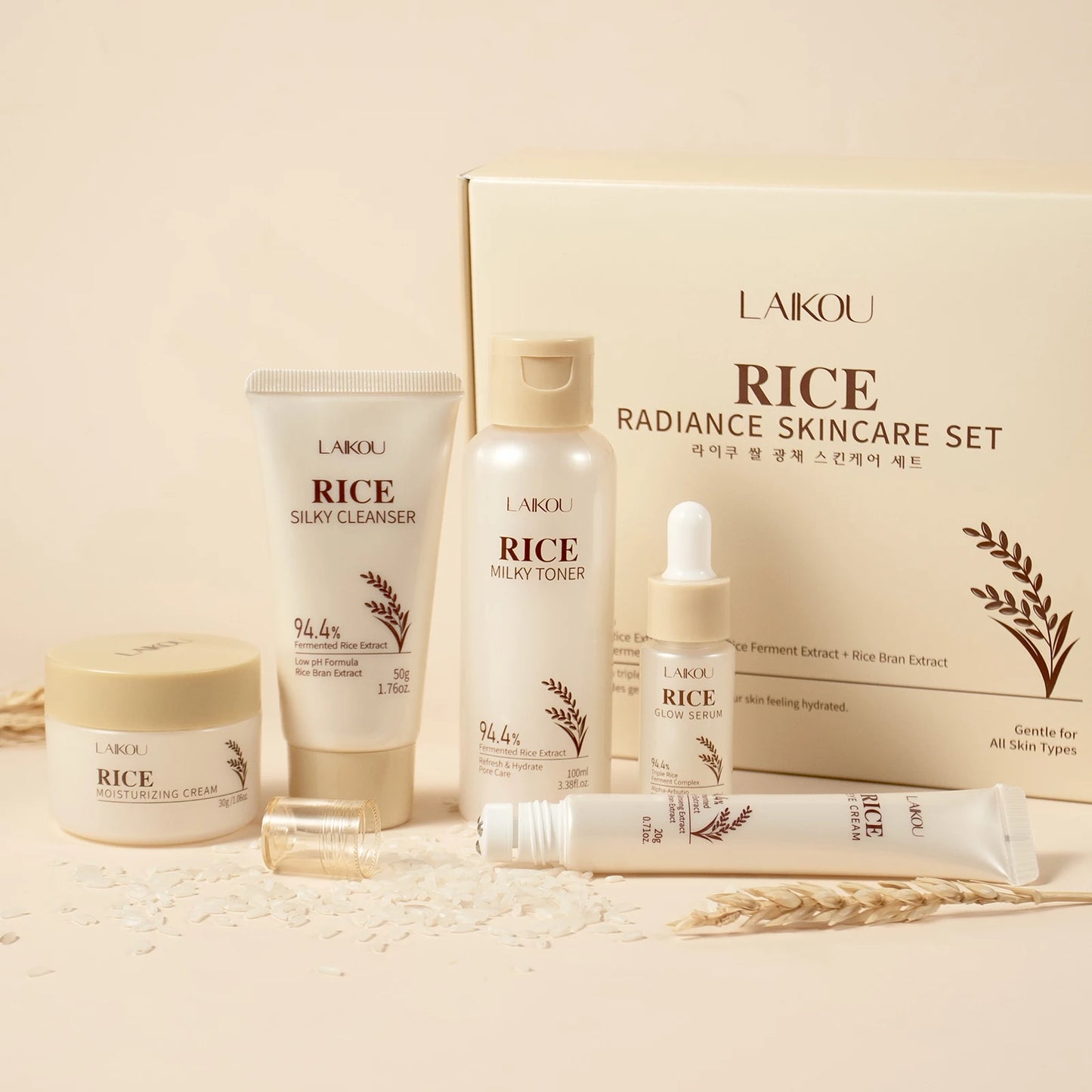 Moisturizing & Anti-Oxidation! LAIKOU Rice 5-Piece Skincare Set (50g Cleanser+100ml Toner+17ml Serum+20g Eye Cream+30g Cream)