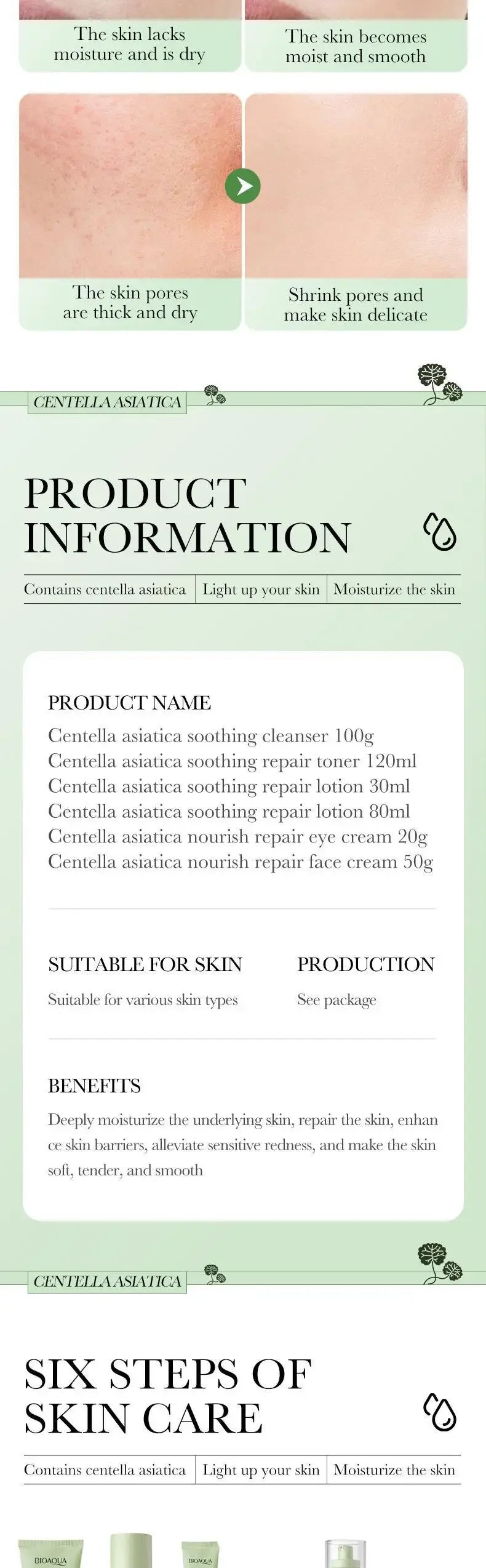 6pcs BIOAQUA Centella Skin Care Sets Moisturizing Firming Face Cream Facial Cleanser Serum Toner Skin Care Set  Products