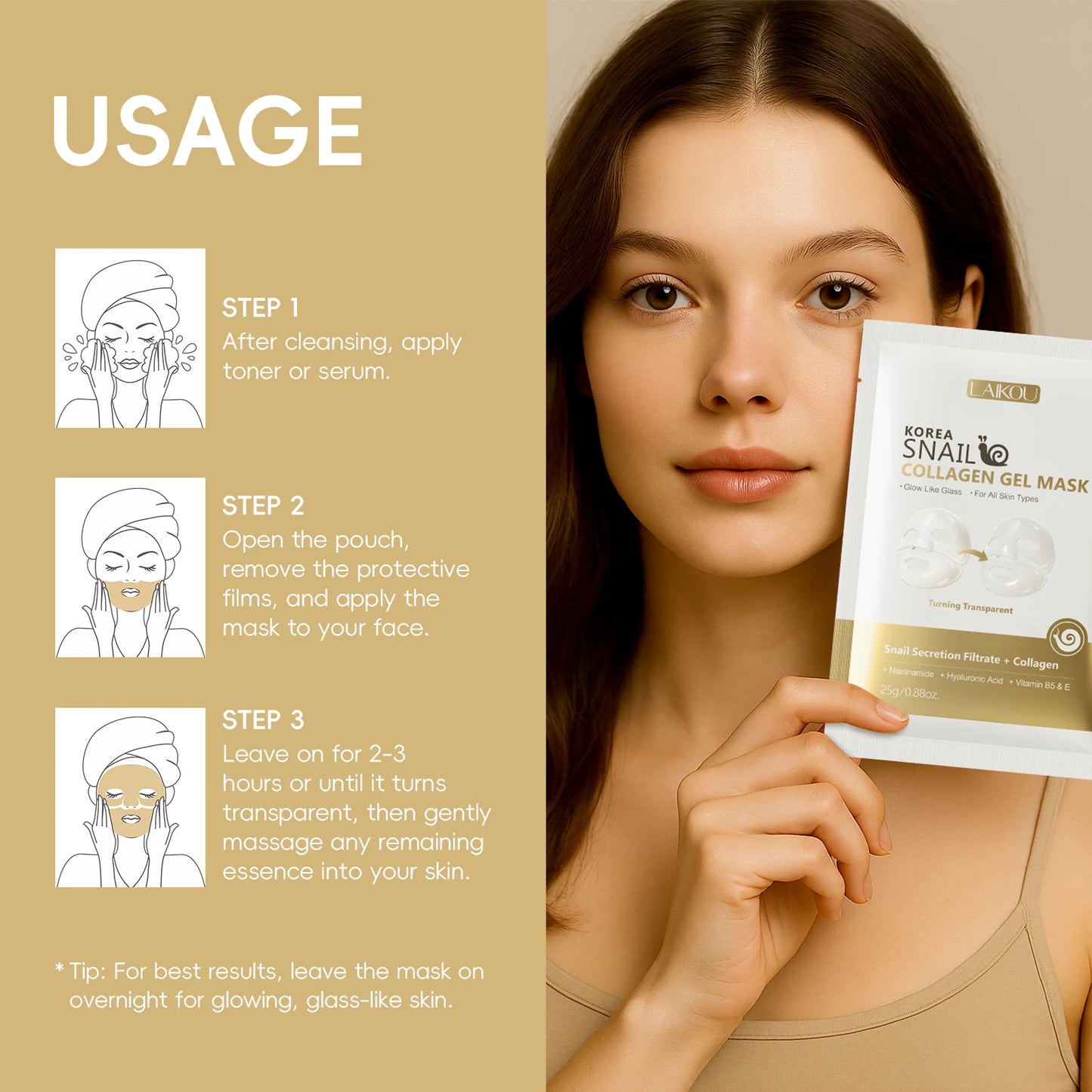 LAIKOU Korea Snail Collagen Essence Mask Hydrating Sheet Mask Anti-Wrinkle Face Mask Firming Skin Care 25g*20pcs