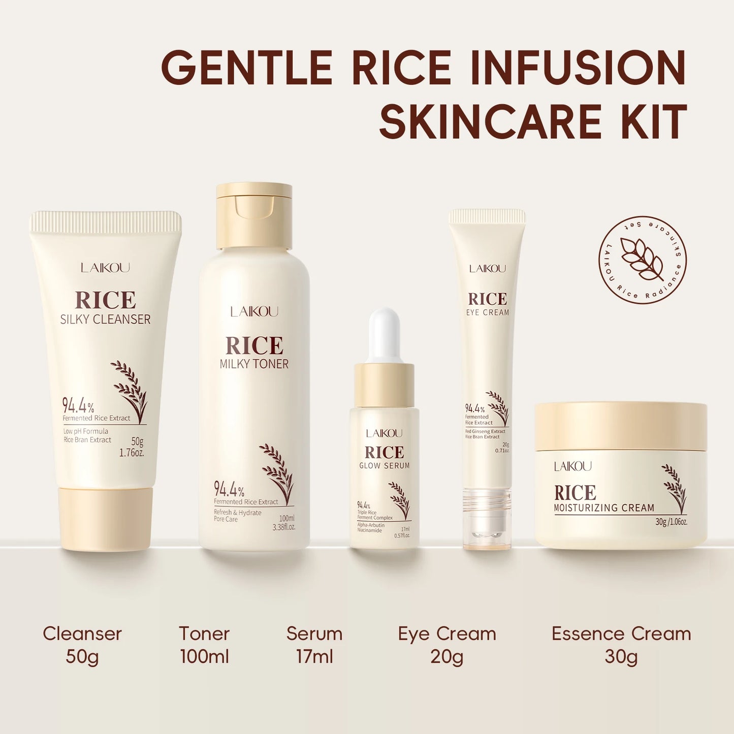 Moisturizing & Anti-Oxidation! LAIKOU Rice 5-Piece Skincare Set (50g Cleanser+100ml Toner+17ml Serum+20g Eye Cream+30g Cream)