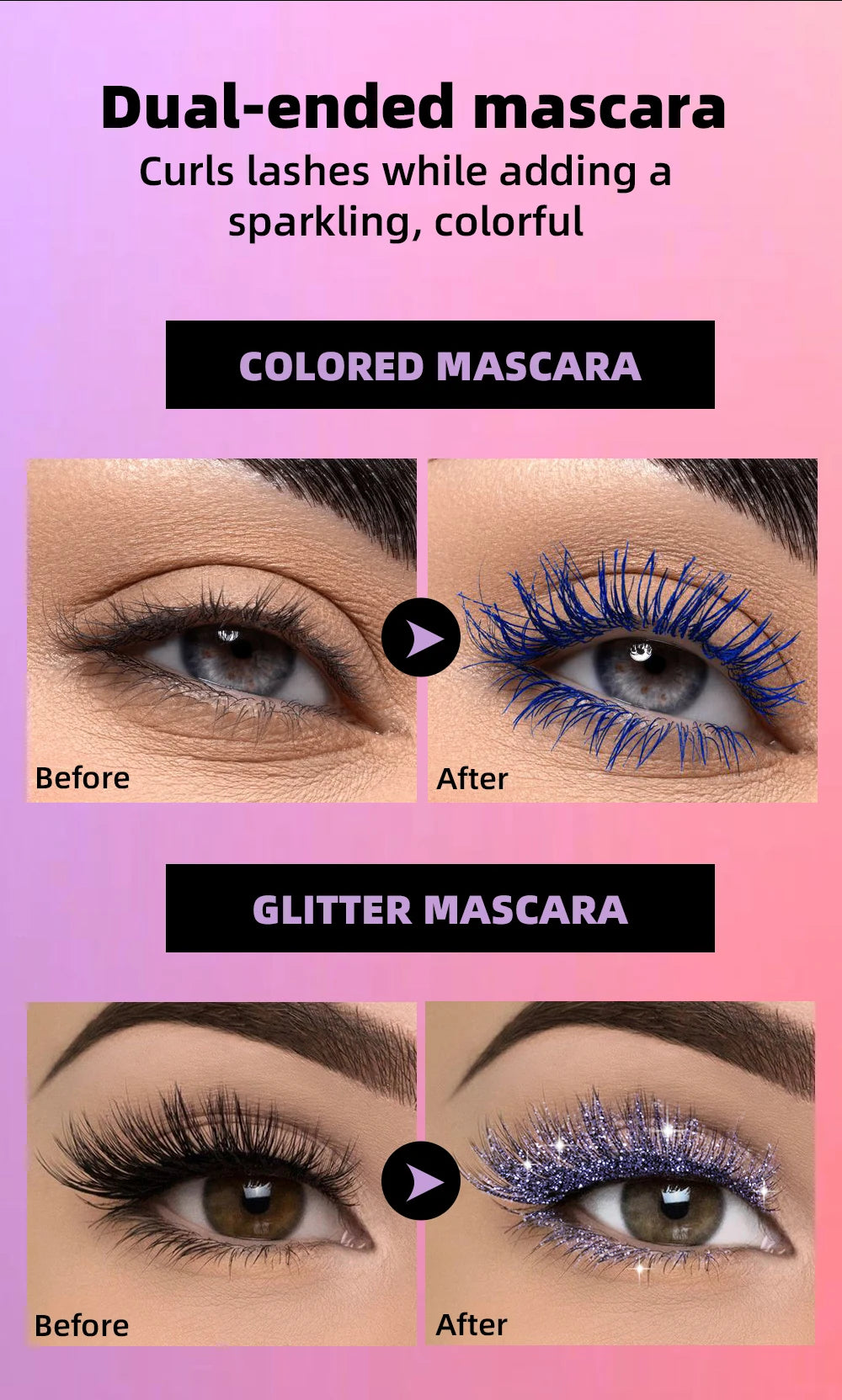 QIBEST 2 In 1 Diamond Glitter Mascara Lasting Colored Mascara Eyelashes Thickening Voluminous Double Ended Waterproof  Mascara