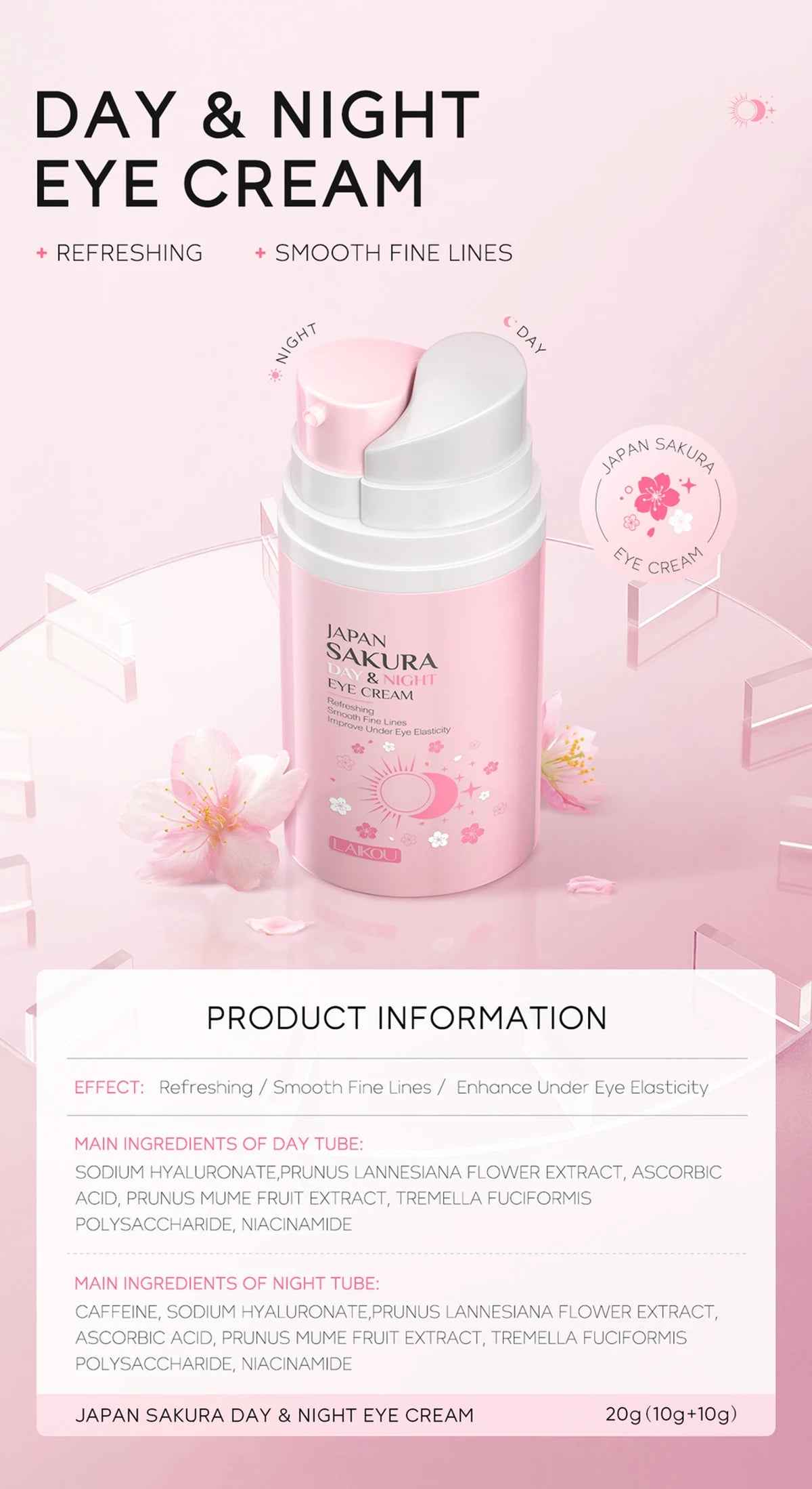 LAIKOU Sakura Eye Cream Dark Circles Anti Eye Bags Day and Night Moisturizing Eye Serum Refreshing Firming Eyes Skin Care 20g