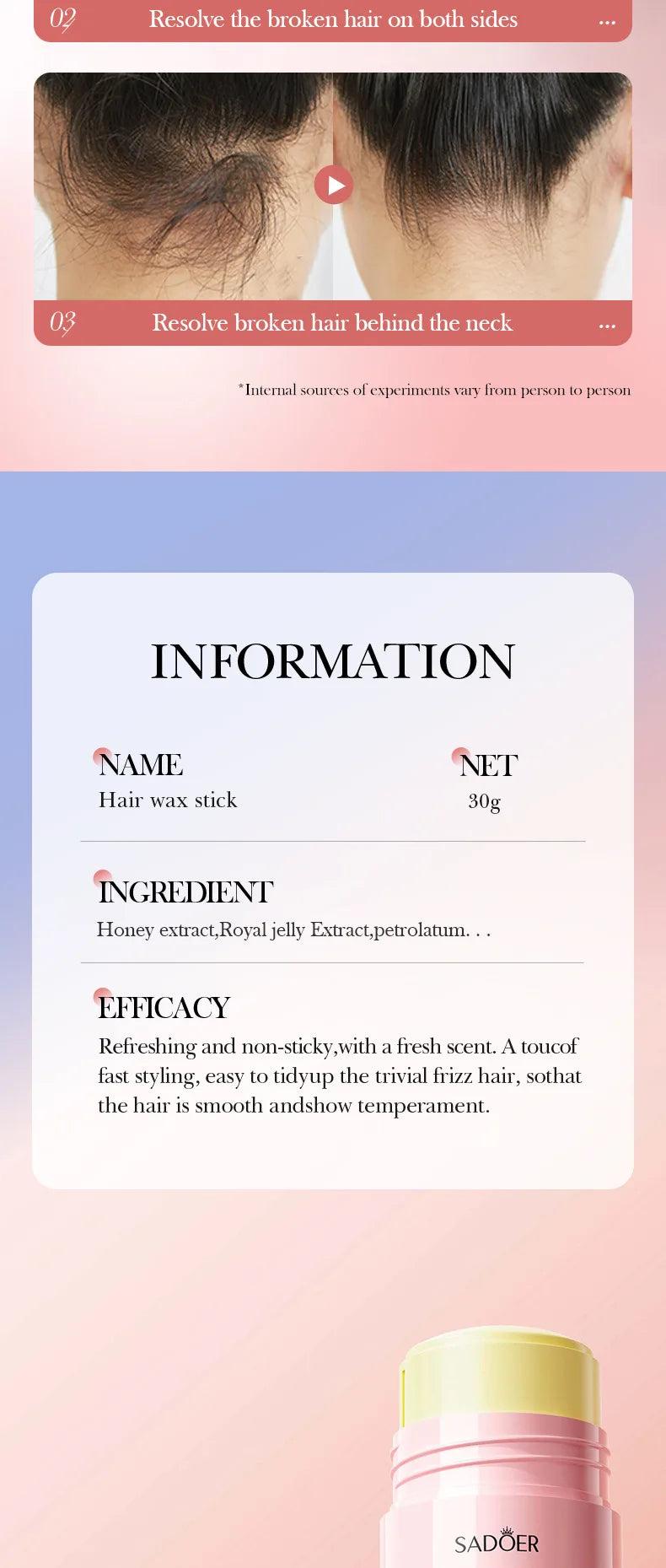 SADOER Hair Styling Wax Stick Edge Control Anti-Frizz Improve Frizzy Curly Troubles Smoothing Broken Solid Hair Gel Cream Liquid