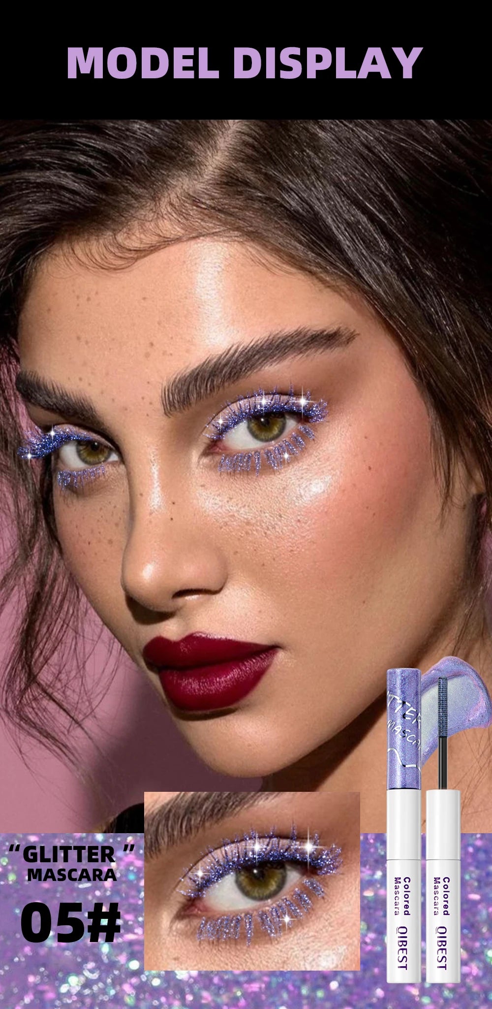 QIBEST 2 In 1 Diamond Glitter Mascara Lasting Colored Mascara Eyelashes Thickening Voluminous Double Ended Waterproof  Mascara