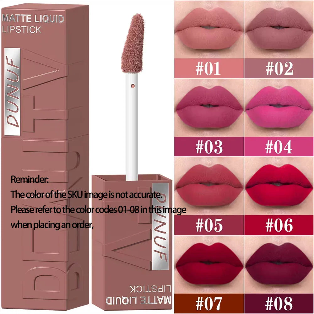 DUNUF  8-color matte velvet smooth easy-to-apply square tube lip gloss waterproof three-dimensional plumping lipstick