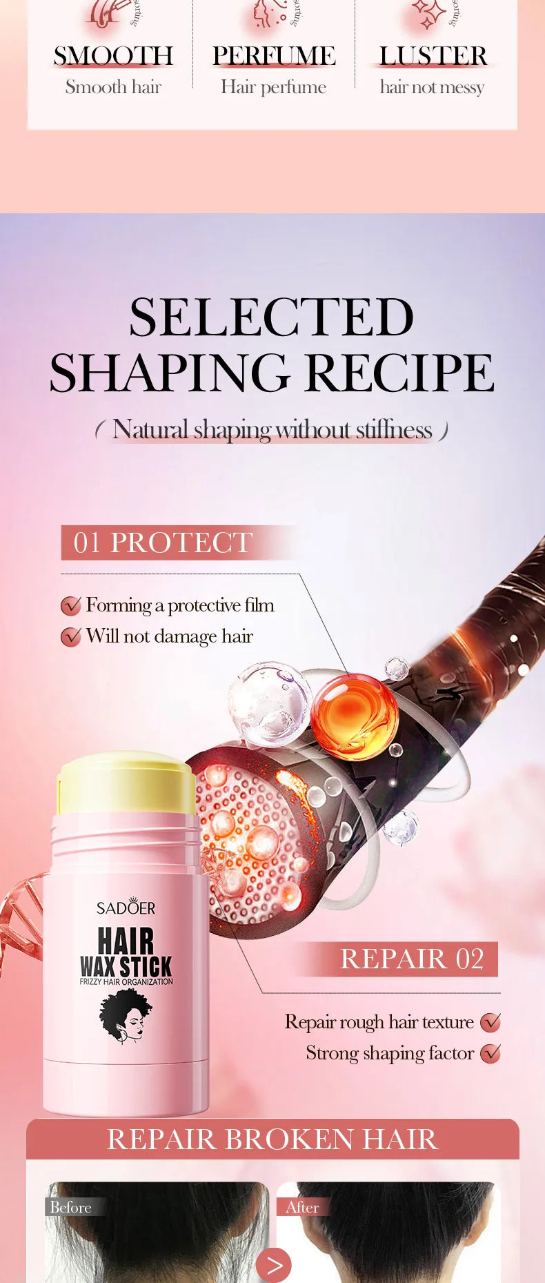 SADOER Hair Styling Wax Stick Edge Control Anti-Frizz Improve Frizzy Curly Troubles Smoothing Broken Solid Hair Gel Cream Liquid