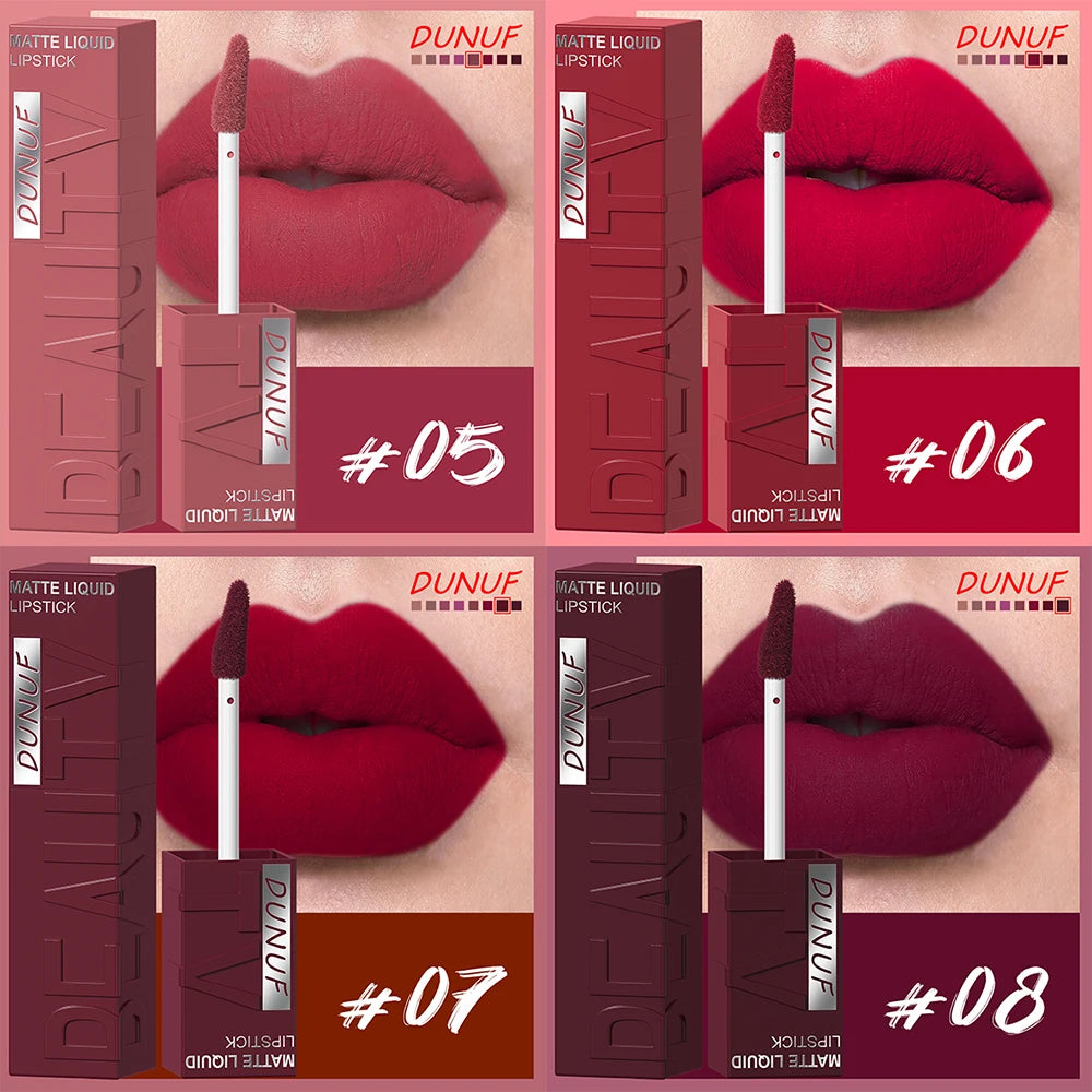 DUNUF  8-color matte velvet smooth easy-to-apply square tube lip gloss waterproof three-dimensional plumping lipstick