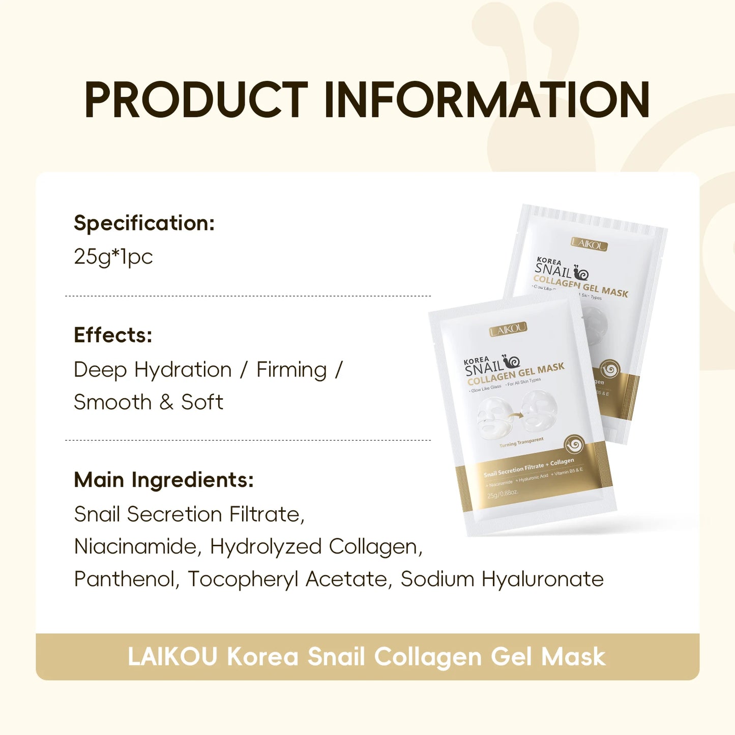 LAIKOU Korea Snail Collagen Essence Mask Hydrating Sheet Mask Anti-Wrinkle Face Mask Firming Skin Care 25g*20pcs
