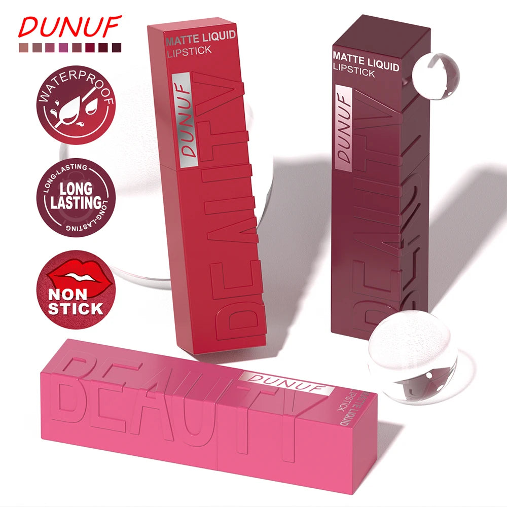 DUNUF  8-color matte velvet smooth easy-to-apply square tube lip gloss waterproof three-dimensional plumping lipstick