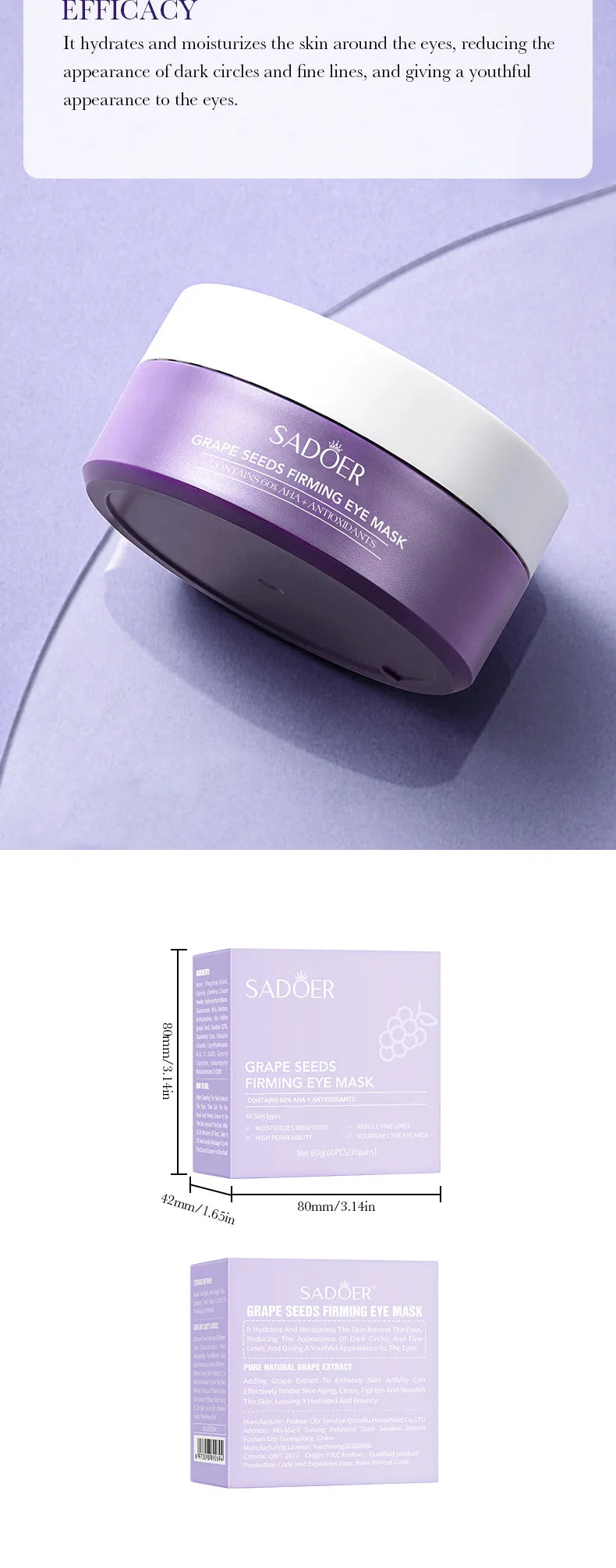 60pcs SADOER Grape Eye Mask Anti Dark Circles Removal Eyes Bags Moisturizing Firming Eye Patches Eyes Skin Care Products