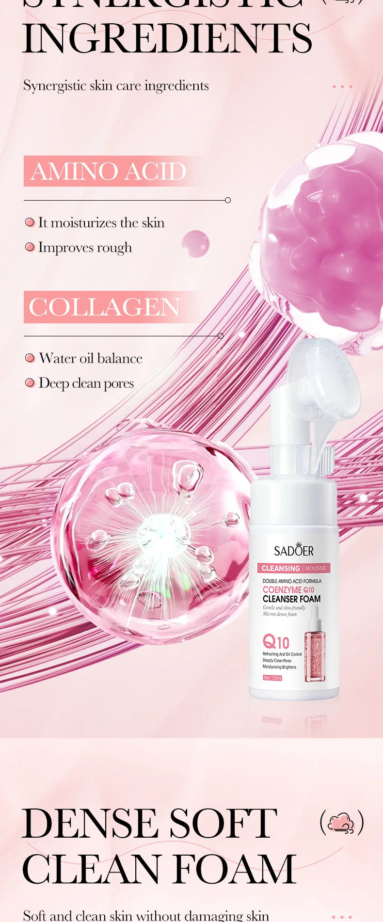 SAODER Q10 Vitamin C Facial Cleanser Face Wash Foam Facial Cleansing Mossee Moisturizing Brightening Facial Skin Care Products