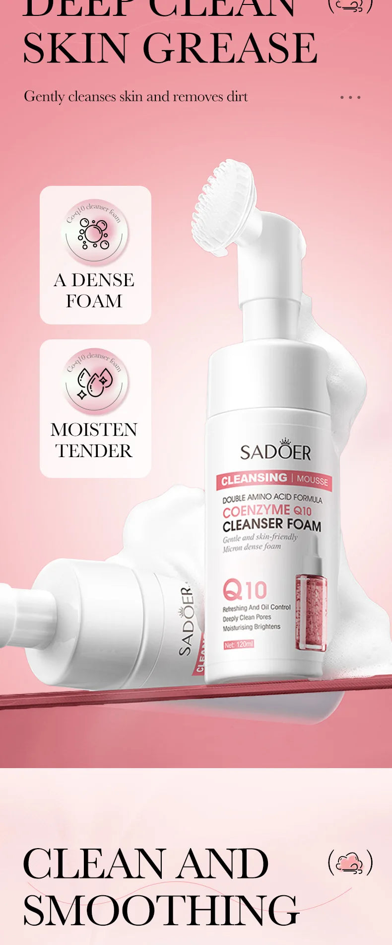 SAODER Q10 Vitamin C Facial Cleanser Face Wash Foam Facial Cleansing Mossee Moisturizing Brightening Facial Skin Care Products