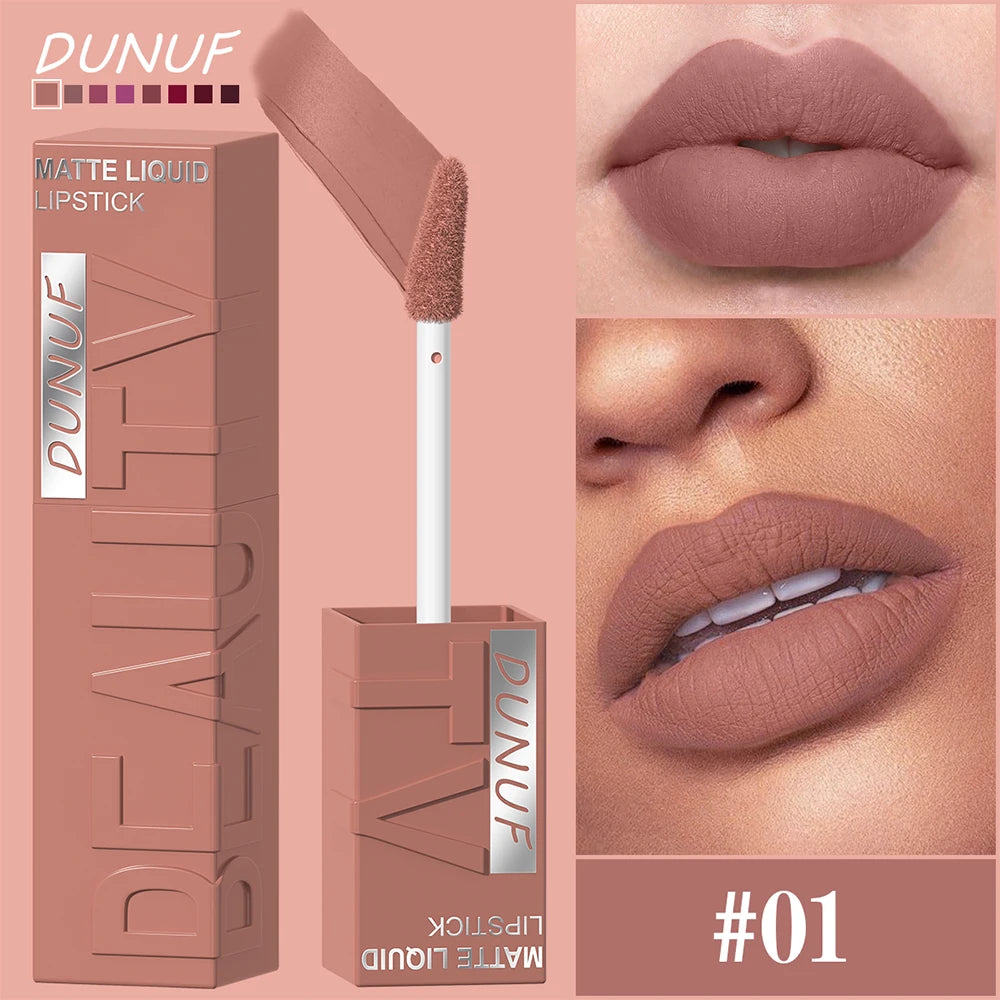 DUNUF  8-color matte velvet smooth easy-to-apply square tube lip gloss waterproof three-dimensional plumping lipstick