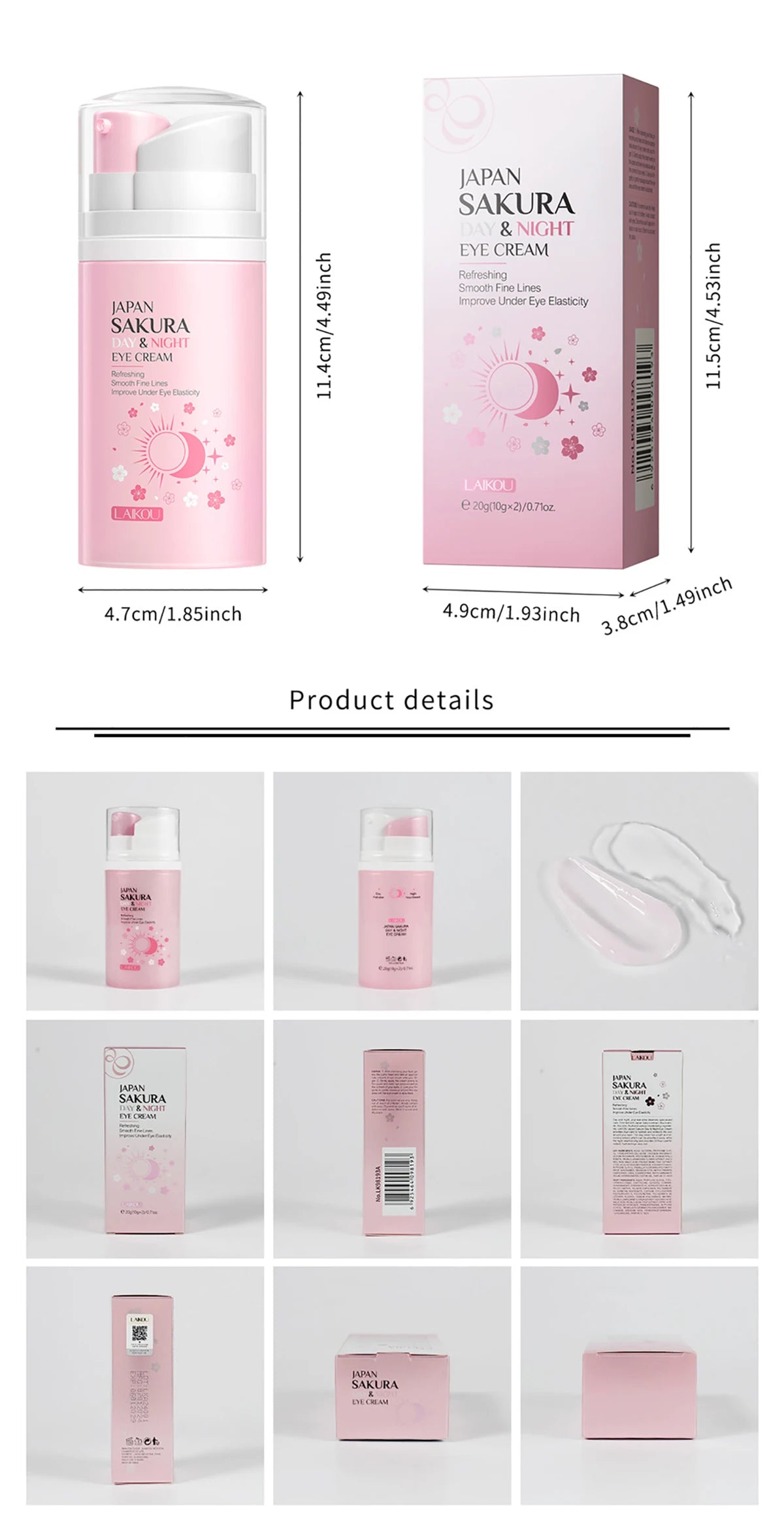 LAIKOU Sakura Eye Cream Dark Circles Anti Eye Bags Day and Night Moisturizing Eye Serum Refreshing Firming Eyes Skin Care 20g