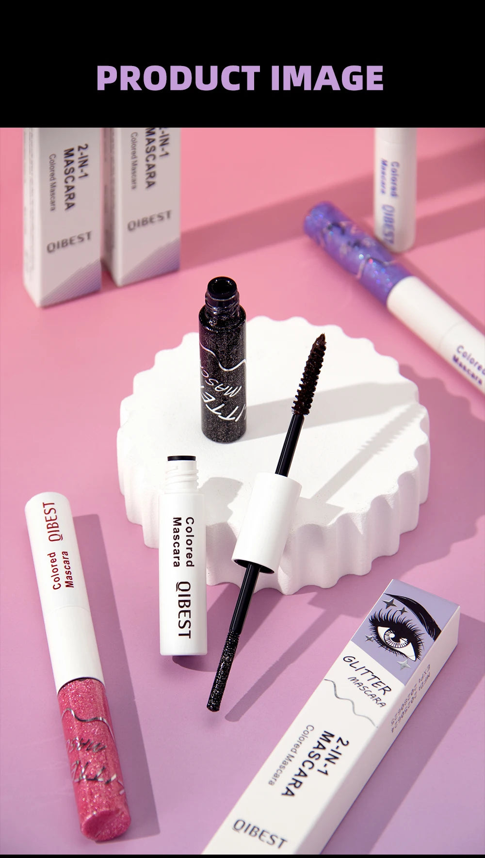 QIBEST 2 In 1 Diamond Glitter Mascara Lasting Colored Mascara Eyelashes Thickening Voluminous Double Ended Waterproof  Mascara