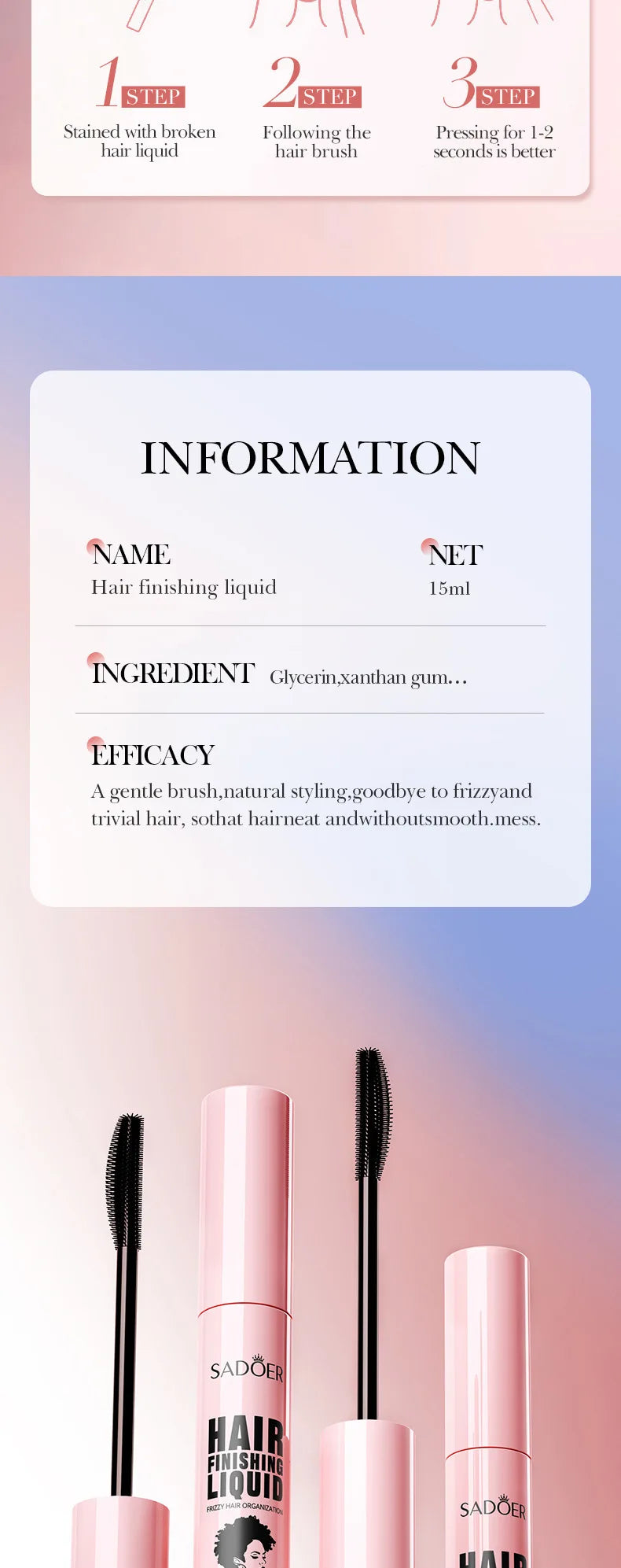 SADOER Hair Styling Wax Stick Edge Control Anti-Frizz Improve Frizzy Curly Troubles Smoothing Broken Solid Hair Gel Cream Liquid