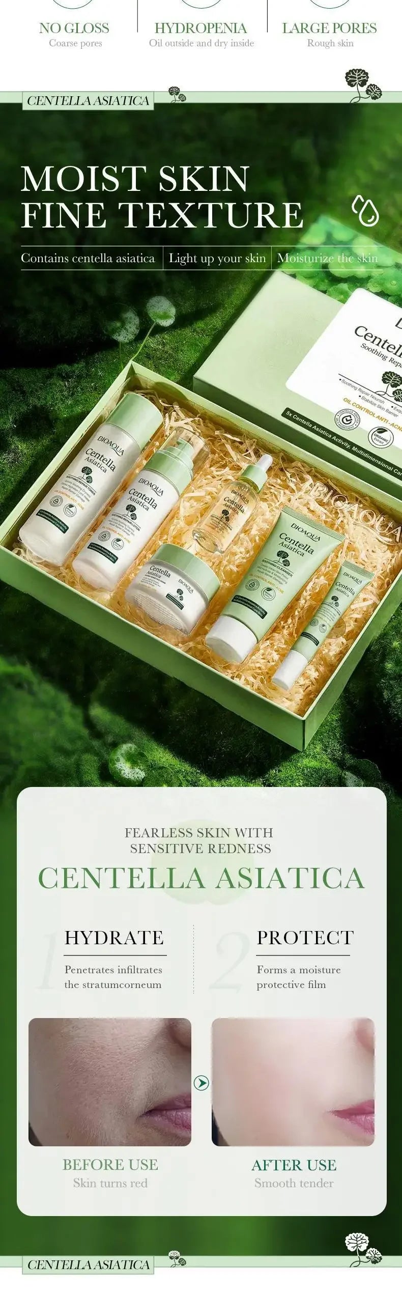 6pcs BIOAQUA Centella Skin Care Sets Moisturizing Firming Face Cream Facial Cleanser Serum Toner Skin Care Set  Products