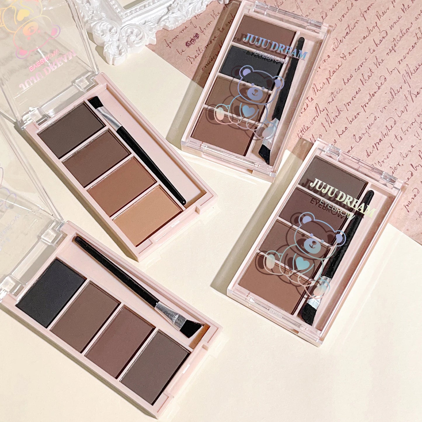 A set of 4-color eyebrow powder trays with brushes in gray and brown matte tones for long-lasting color rendering, filling and s