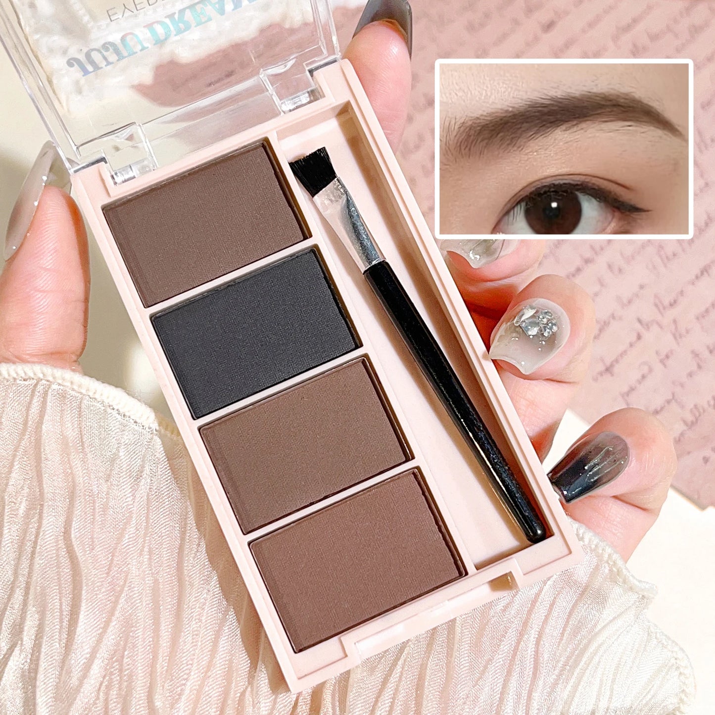 A set of 4-color eyebrow powder trays with brushes in gray and brown matte tones for long-lasting color rendering, filling and s