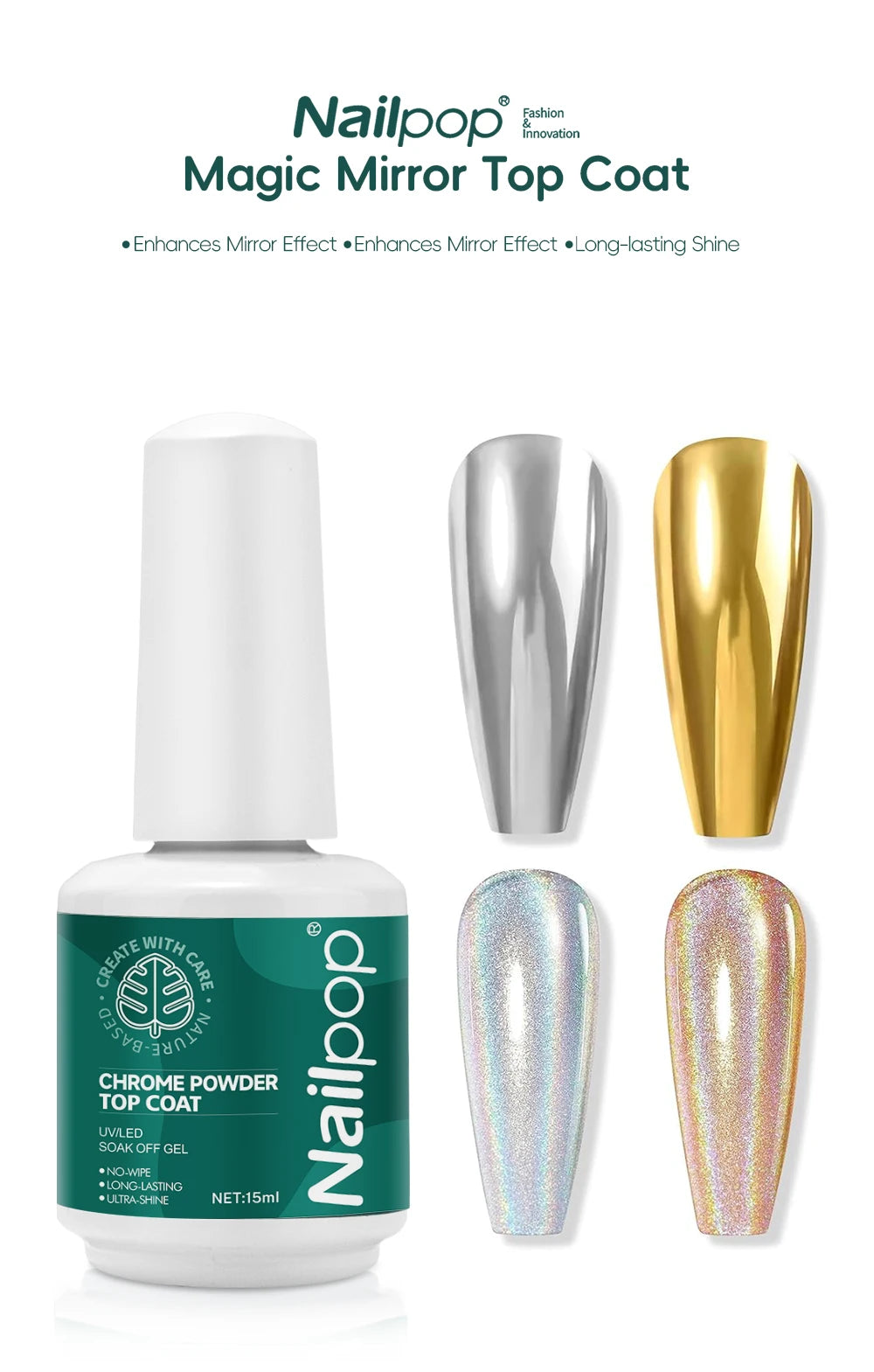 Nailpop Chrome Powder Top Coat High Gloss Top Coat Gel Nail Sealer Long Lasting Easy to Use UV Lamp Dip DIY Salon Art Designs