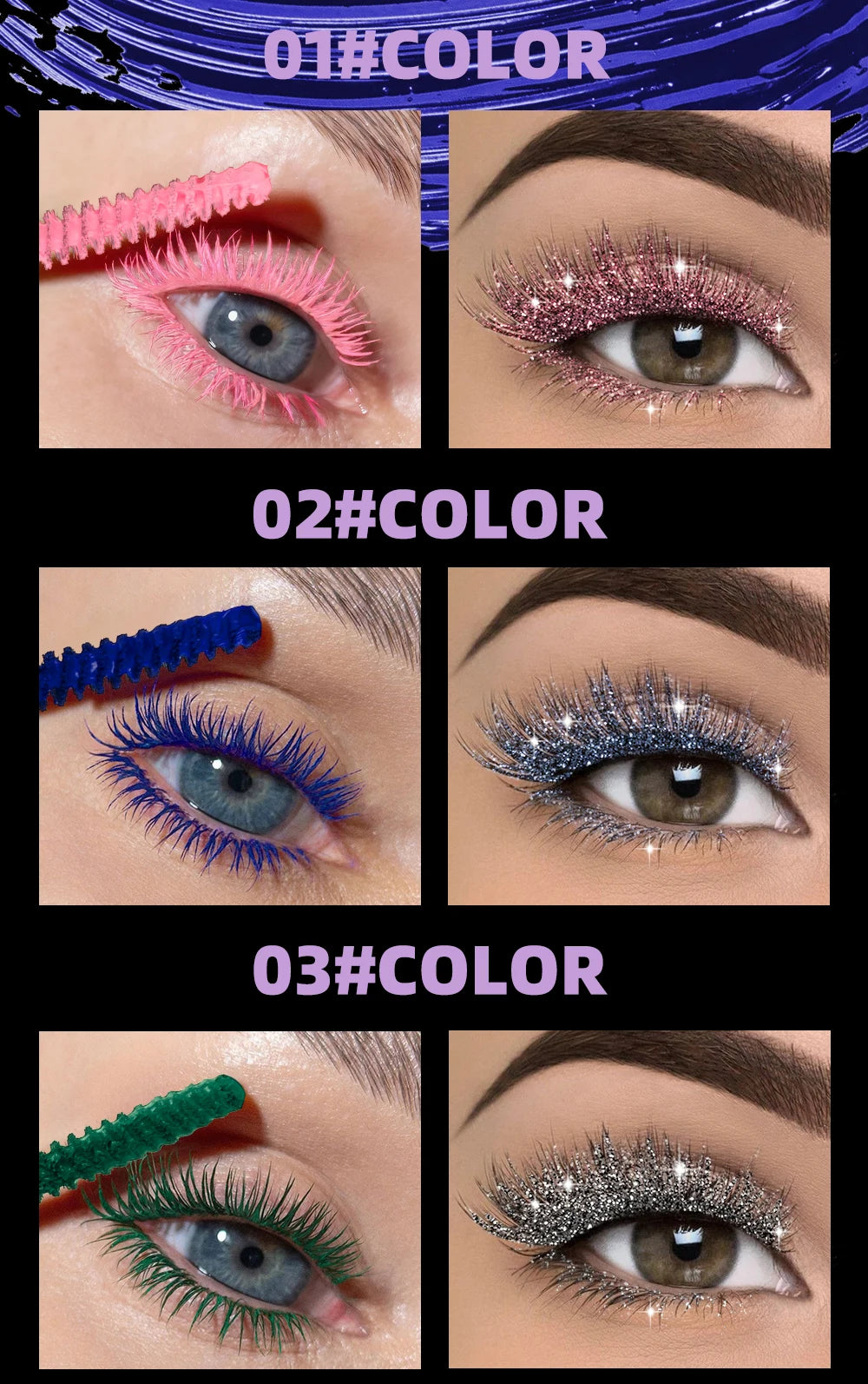 QIBEST 2 In 1 Diamond Glitter Mascara Lasting Colored Mascara Eyelashes Thickening Voluminous Double Ended Waterproof  Mascara