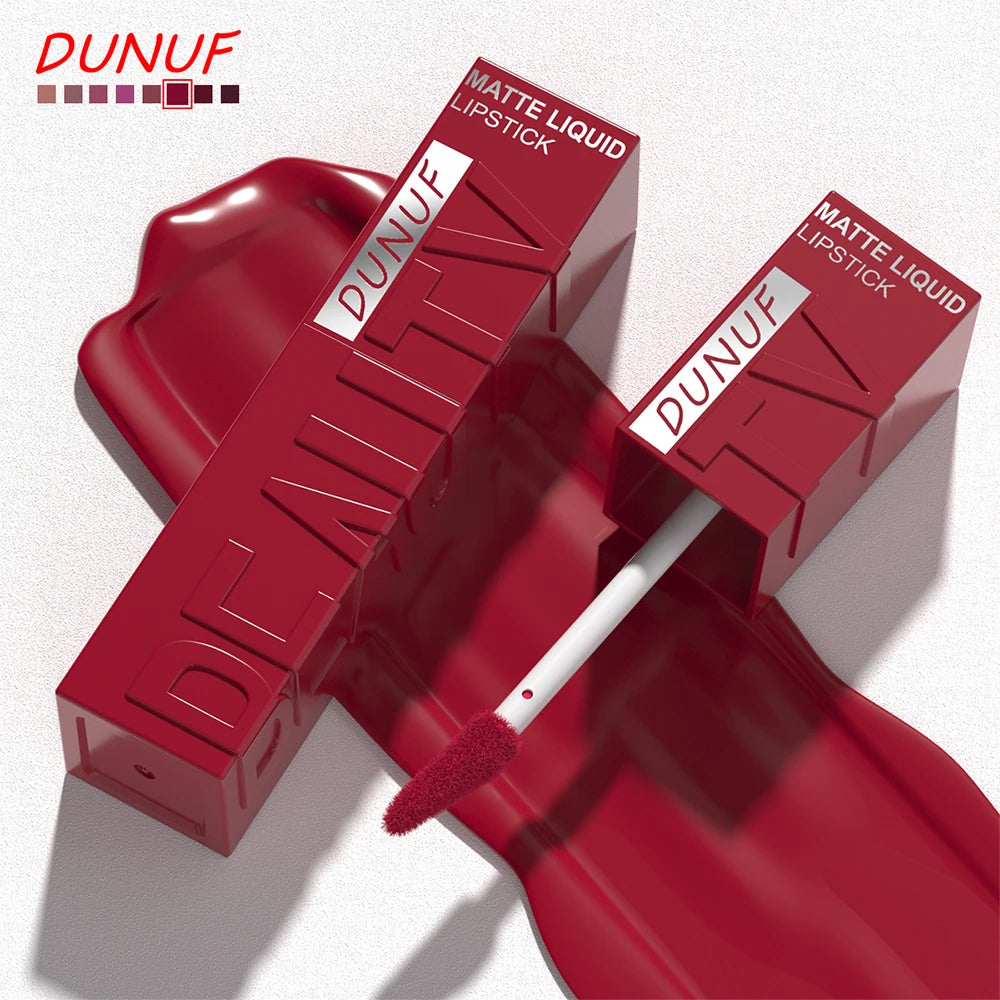 DUNUF  8-color matte velvet smooth easy-to-apply square tube lip gloss waterproof three-dimensional plumping lipstick