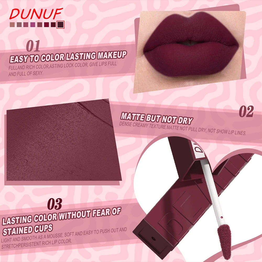 DUNUF  8-color matte velvet smooth easy-to-apply square tube lip gloss waterproof three-dimensional plumping lipstick