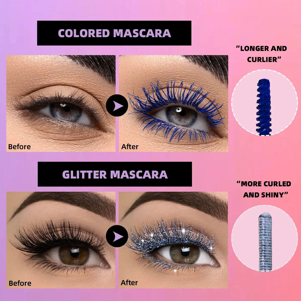 QIBEST 2 In 1 Diamond Glitter Mascara Lasting Colored Mascara Eyelashes Thickening Voluminous Double Ended Waterproof  Mascara
