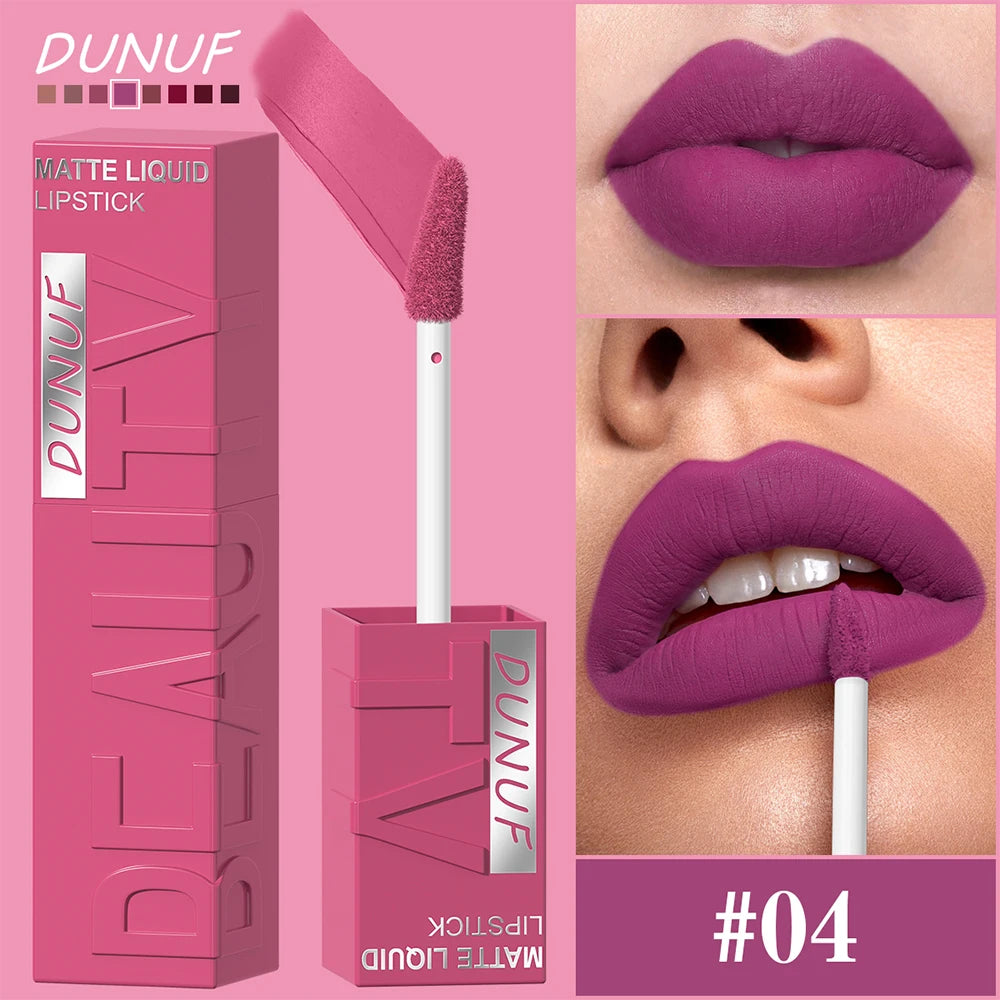 DUNUF  8-color matte velvet smooth easy-to-apply square tube lip gloss waterproof three-dimensional plumping lipstick