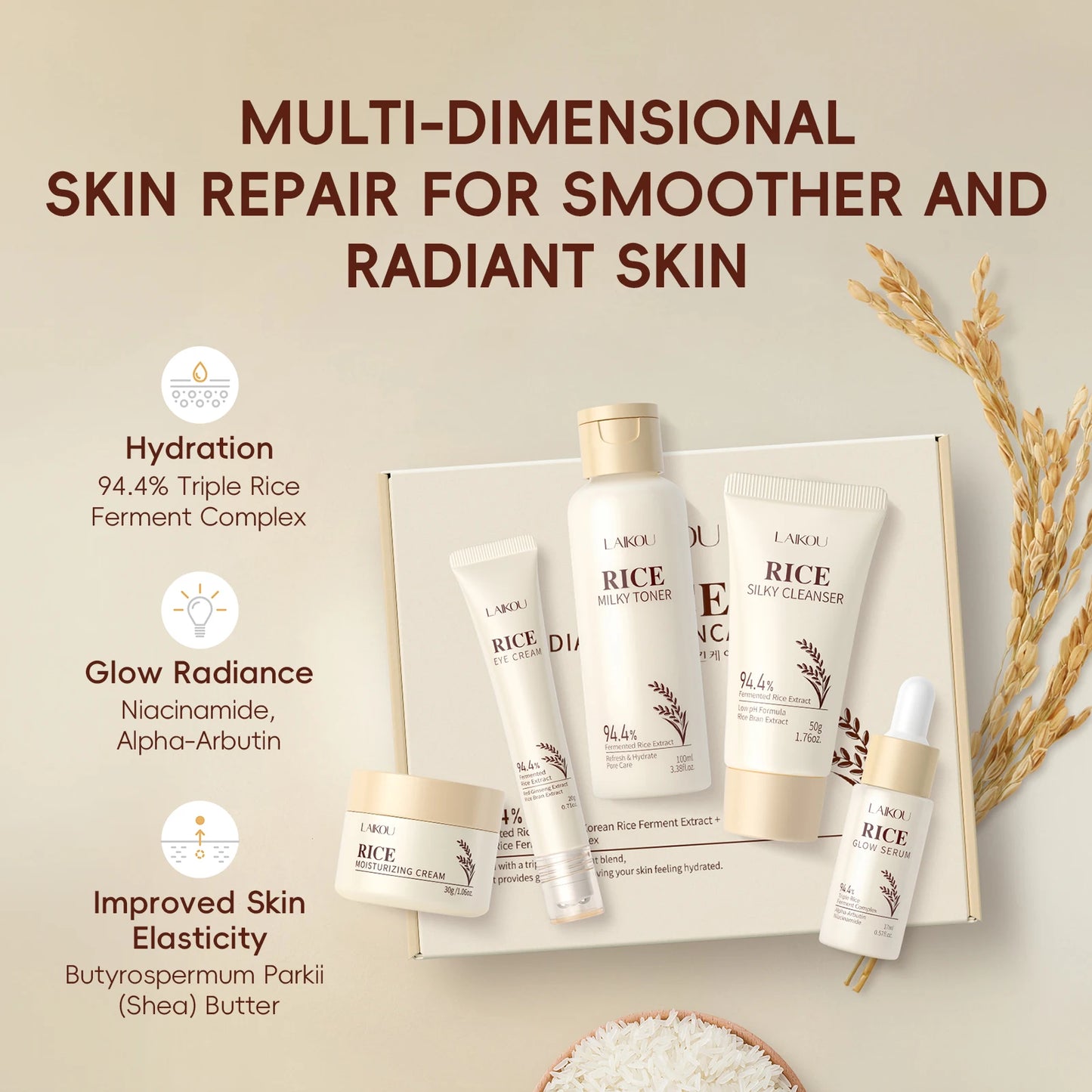 Moisturizing & Anti-Oxidation! LAIKOU Rice 5-Piece Skincare Set (50g Cleanser+100ml Toner+17ml Serum+20g Eye Cream+30g Cream)