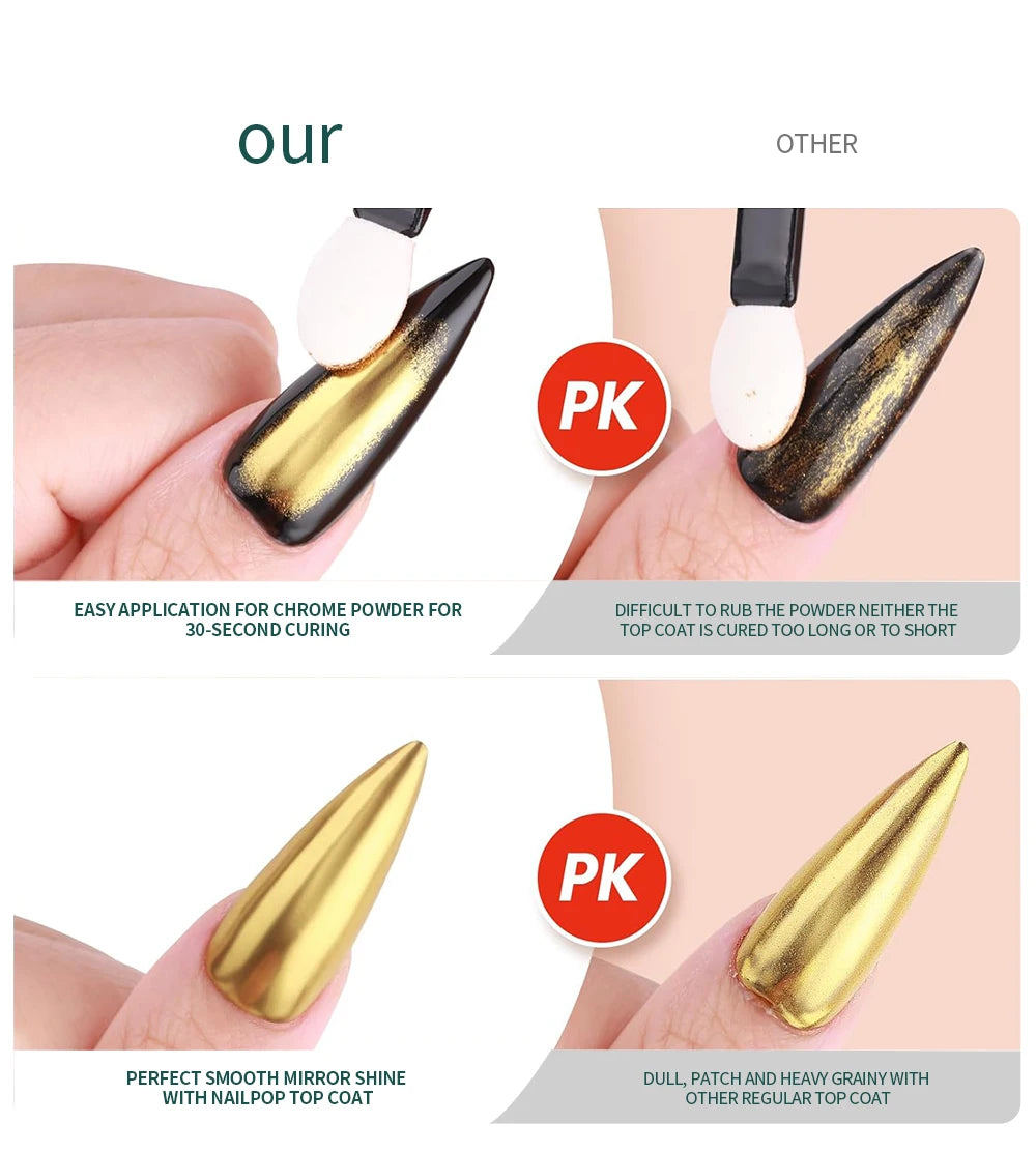 Nailpop Chrome Powder Top Coat High Gloss Top Coat Gel Nail Sealer Long Lasting Easy to Use UV Lamp Dip DIY Salon Art Designs