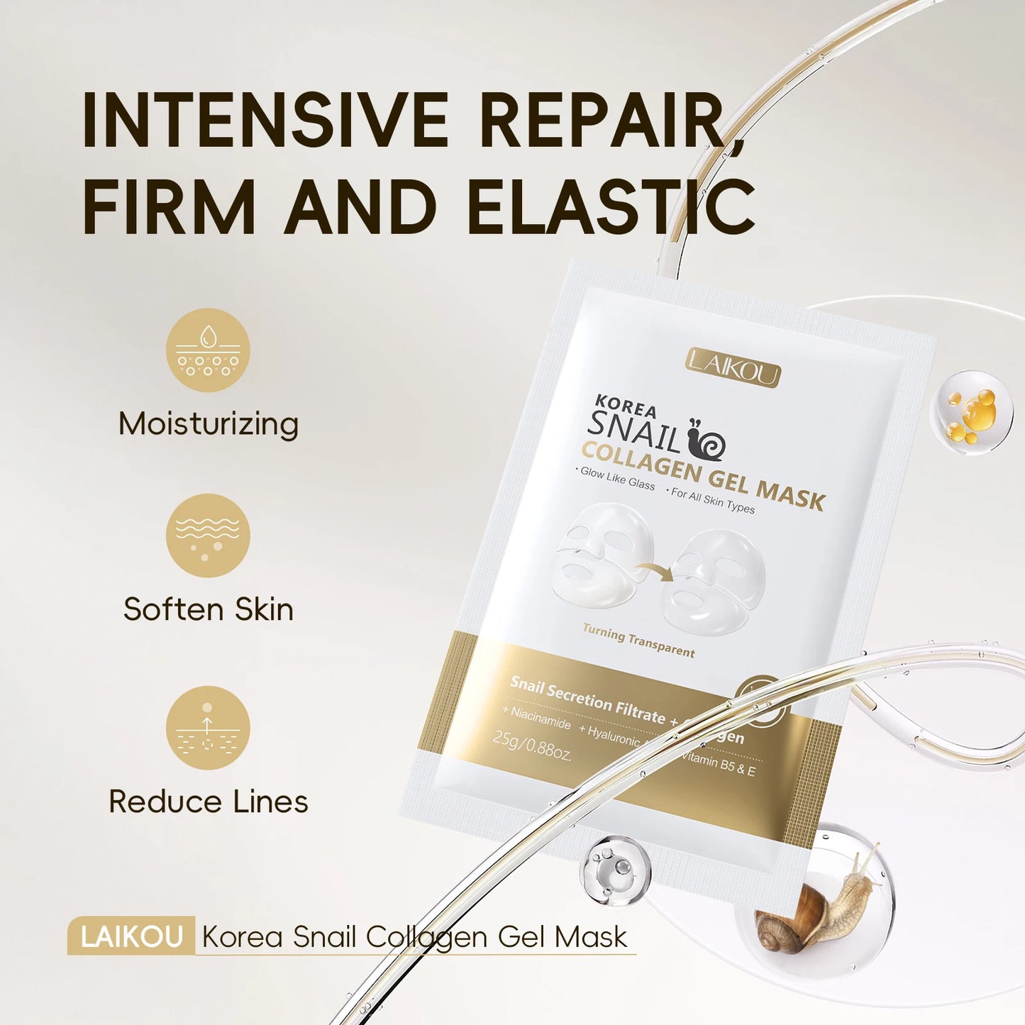LAIKOU Korea Snail Collagen Essence Mask Hydrating Sheet Mask Anti-Wrinkle Face Mask Firming Skin Care 25g*20pcs