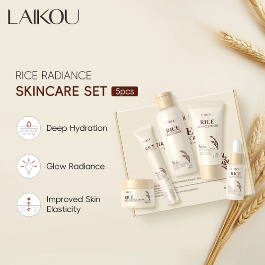 Moisturizing & Anti-Oxidation! LAIKOU Rice 5-Piece Skincare Set (50g Cleanser+100ml Toner+17ml Serum+20g Eye Cream+30g Cream)
